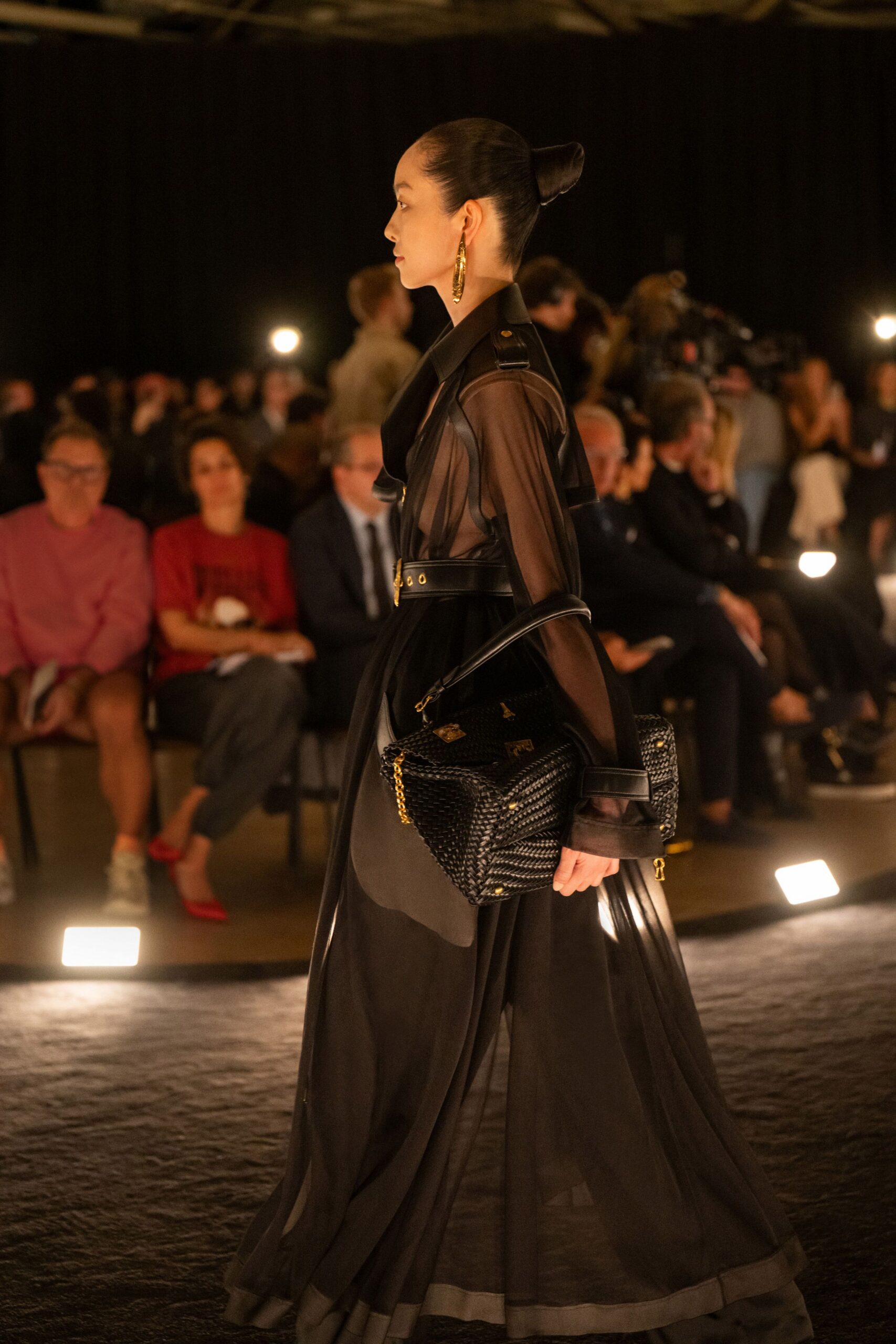 black silk long-sleeve collared fitted pleated belted dress