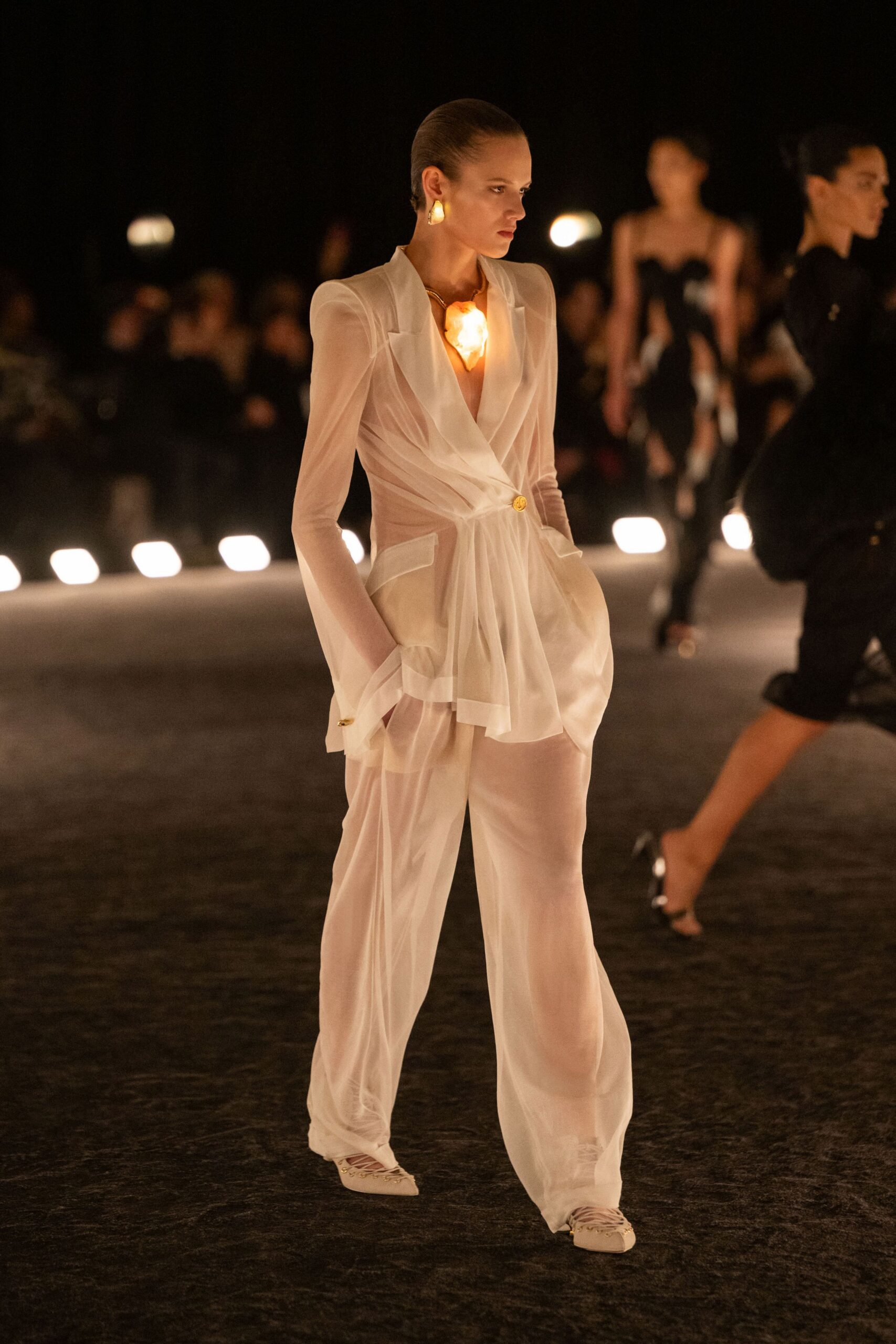 white silk long-sleeve v-neck relaxed pleated sheer jumpsuit