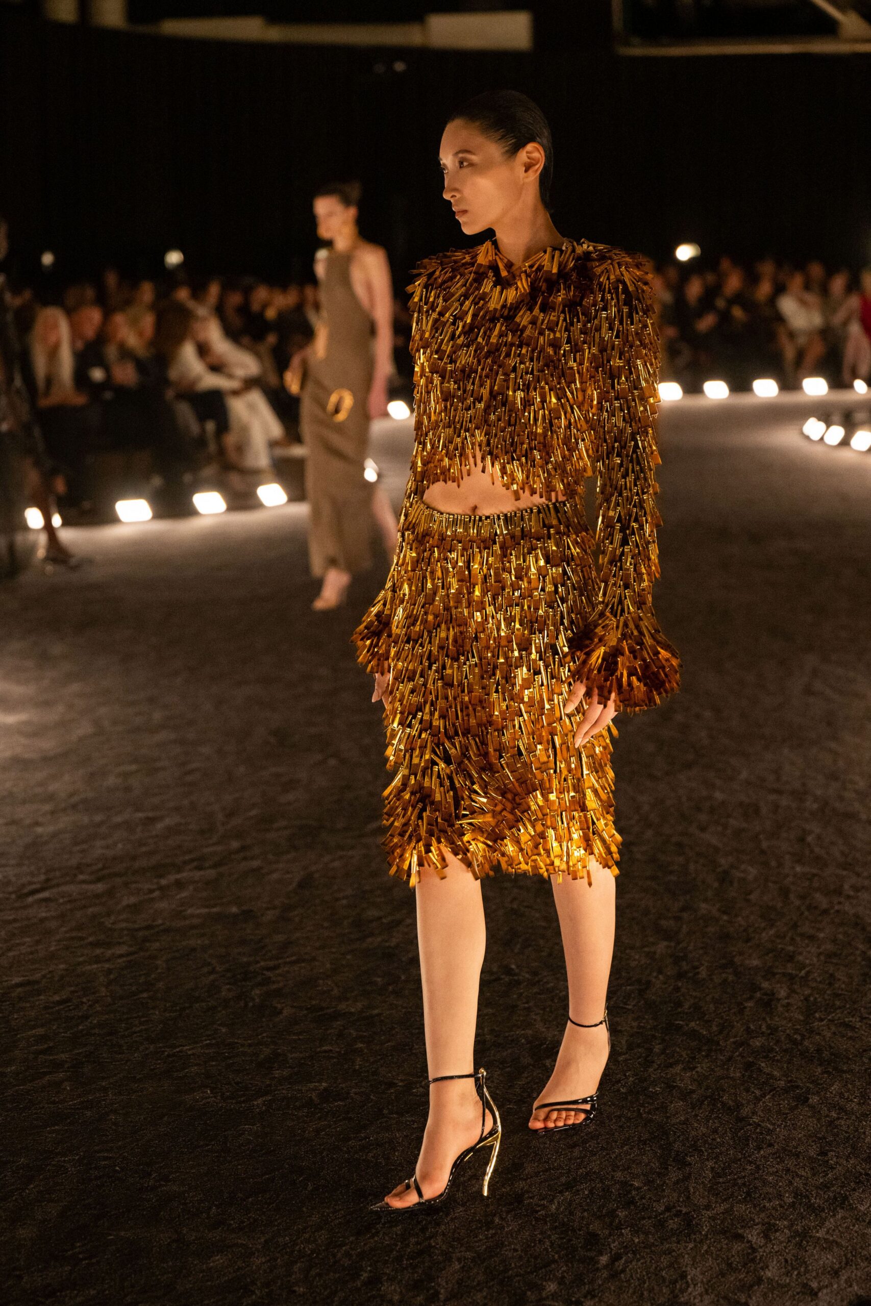 gold silk sleeveless fitted fringed shiny cropped top