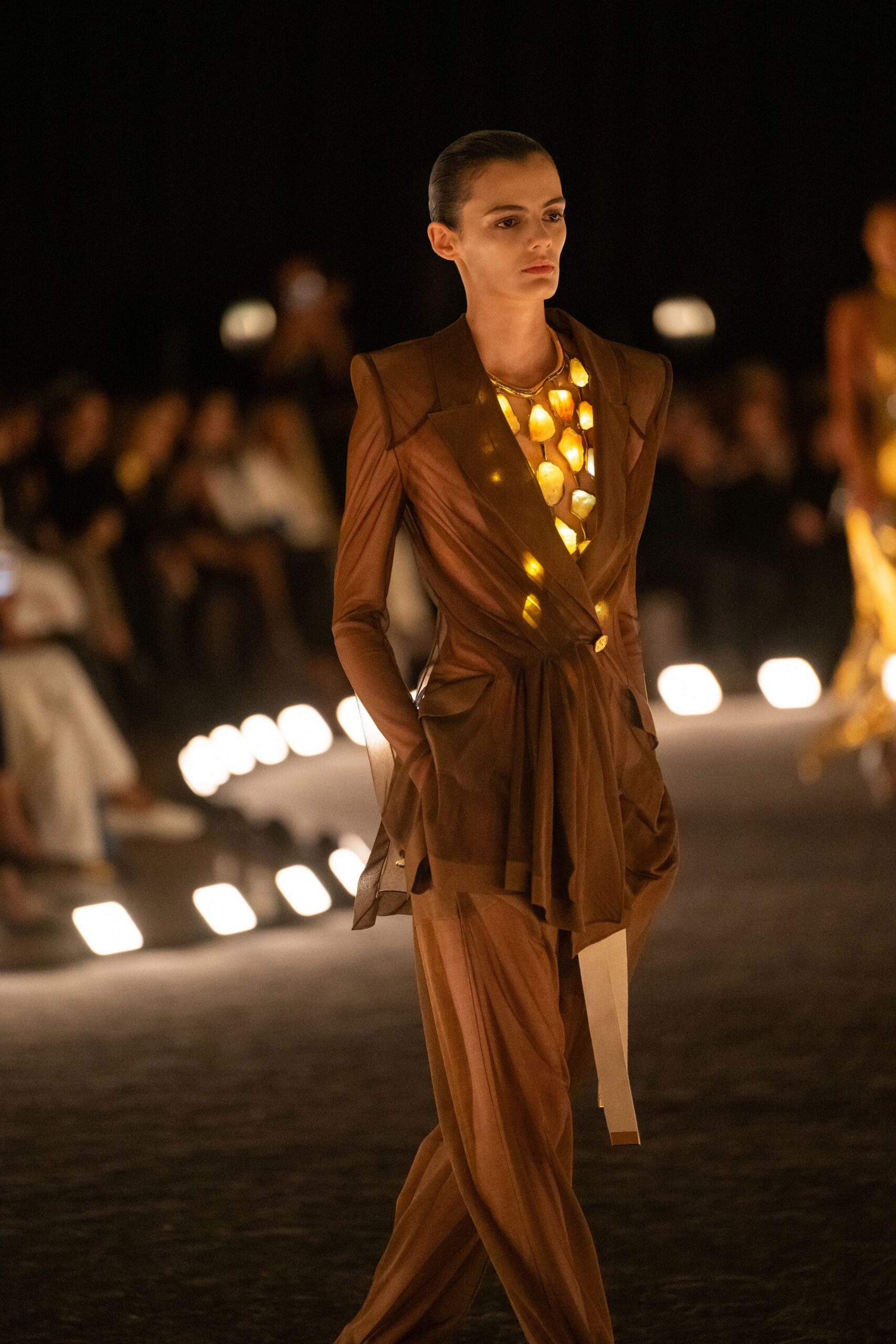 brown fitted silk suit