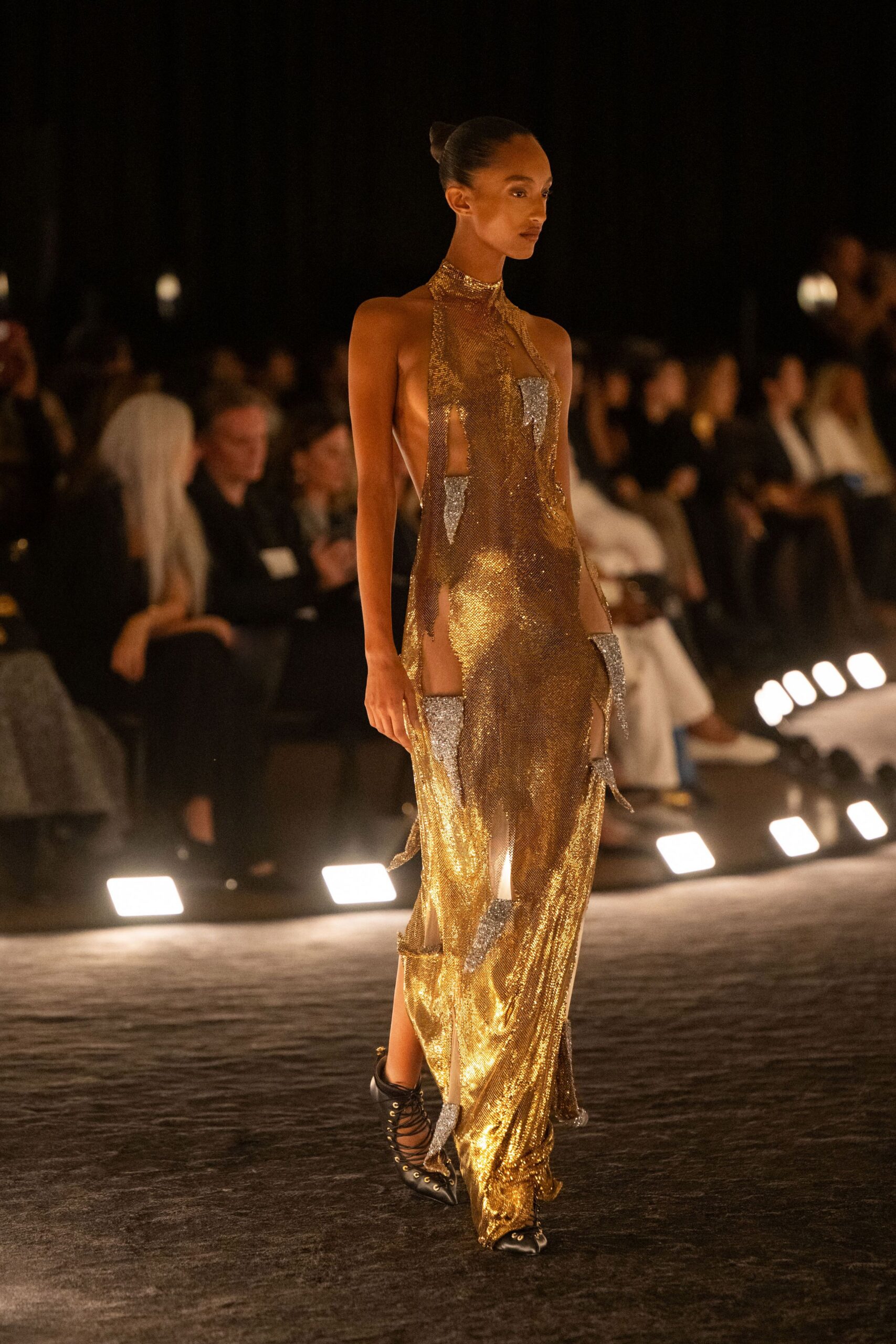 gold silk sleeveless high-neck fitted sheer shiny gown