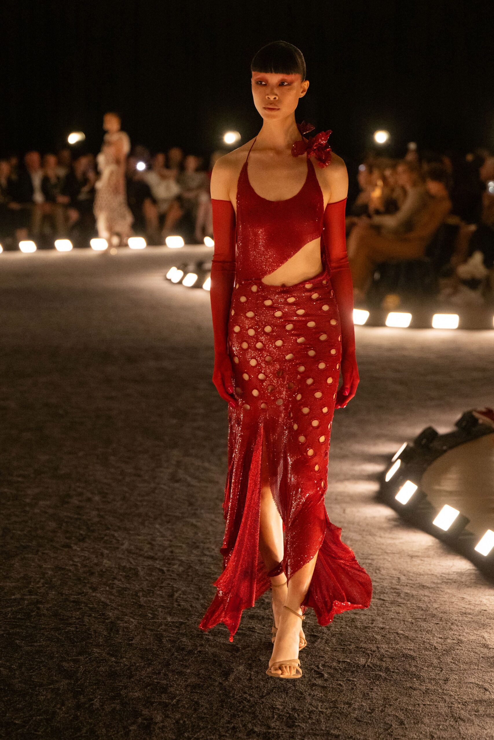 red silk sleeveless v-neck fitted sequined draped gown
