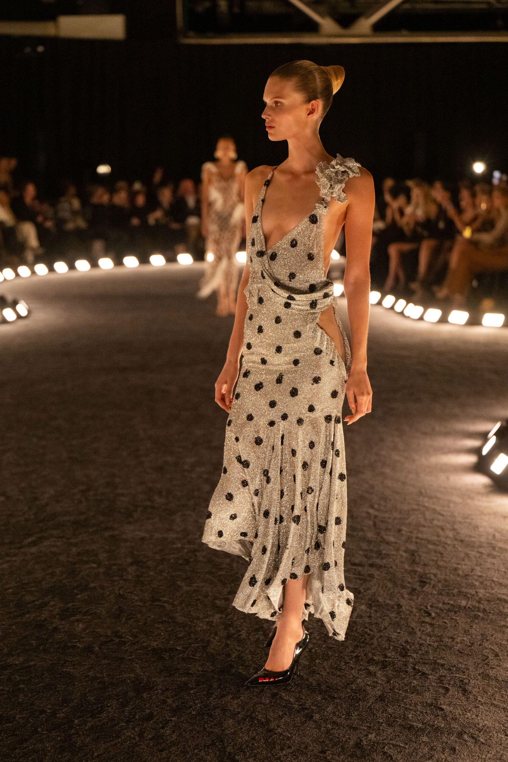white silk sleeveless v-neck fitted polka-dot draped dress