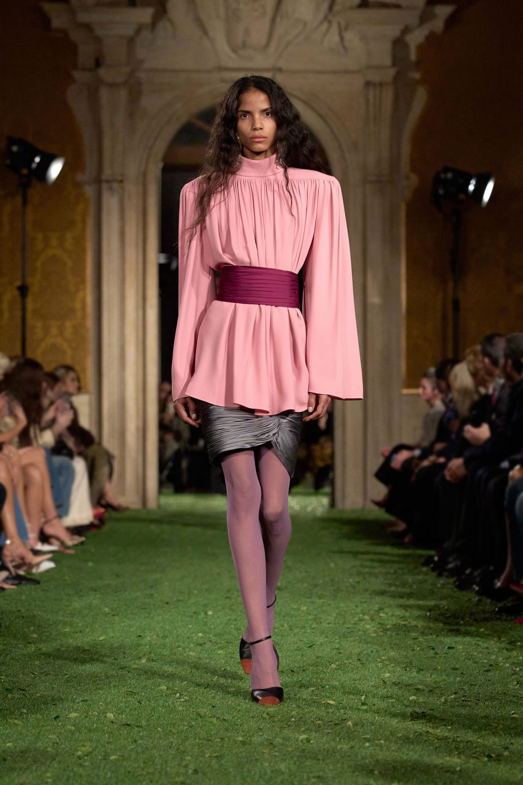 pink silk blouse with gray pencil skirt