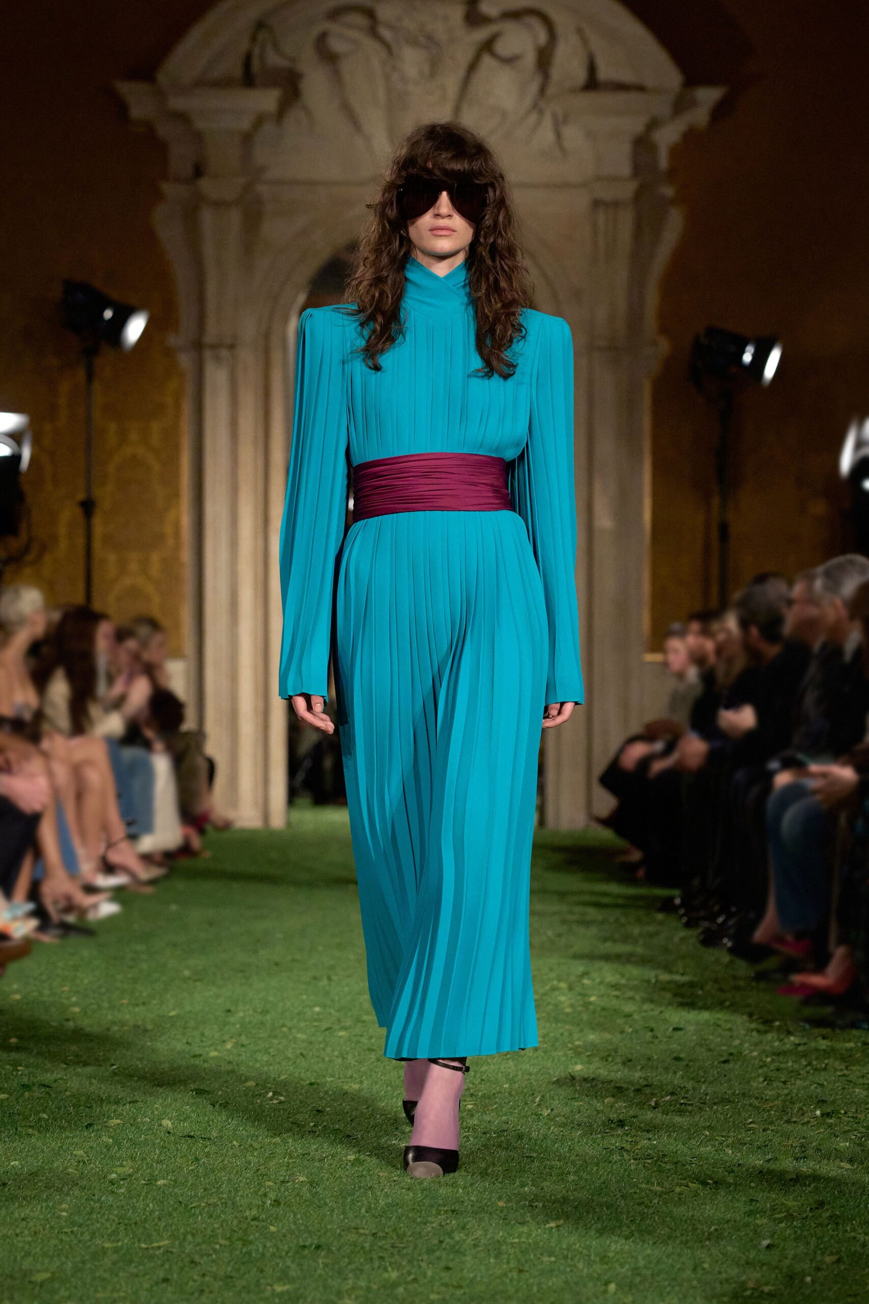 blue silk long-sleeve collared fitted pleated belted dress
