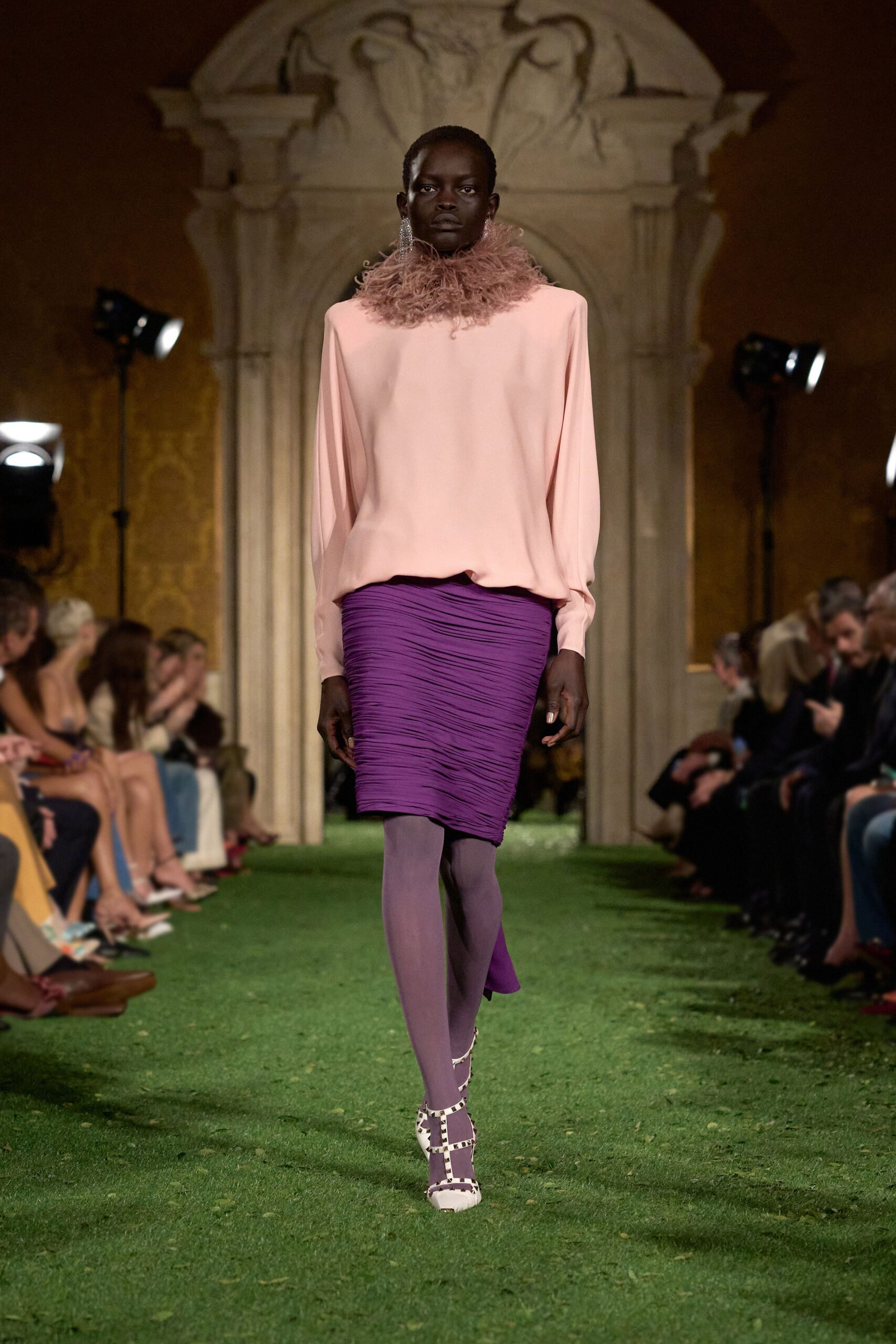 pink silk blouse with purple skirt