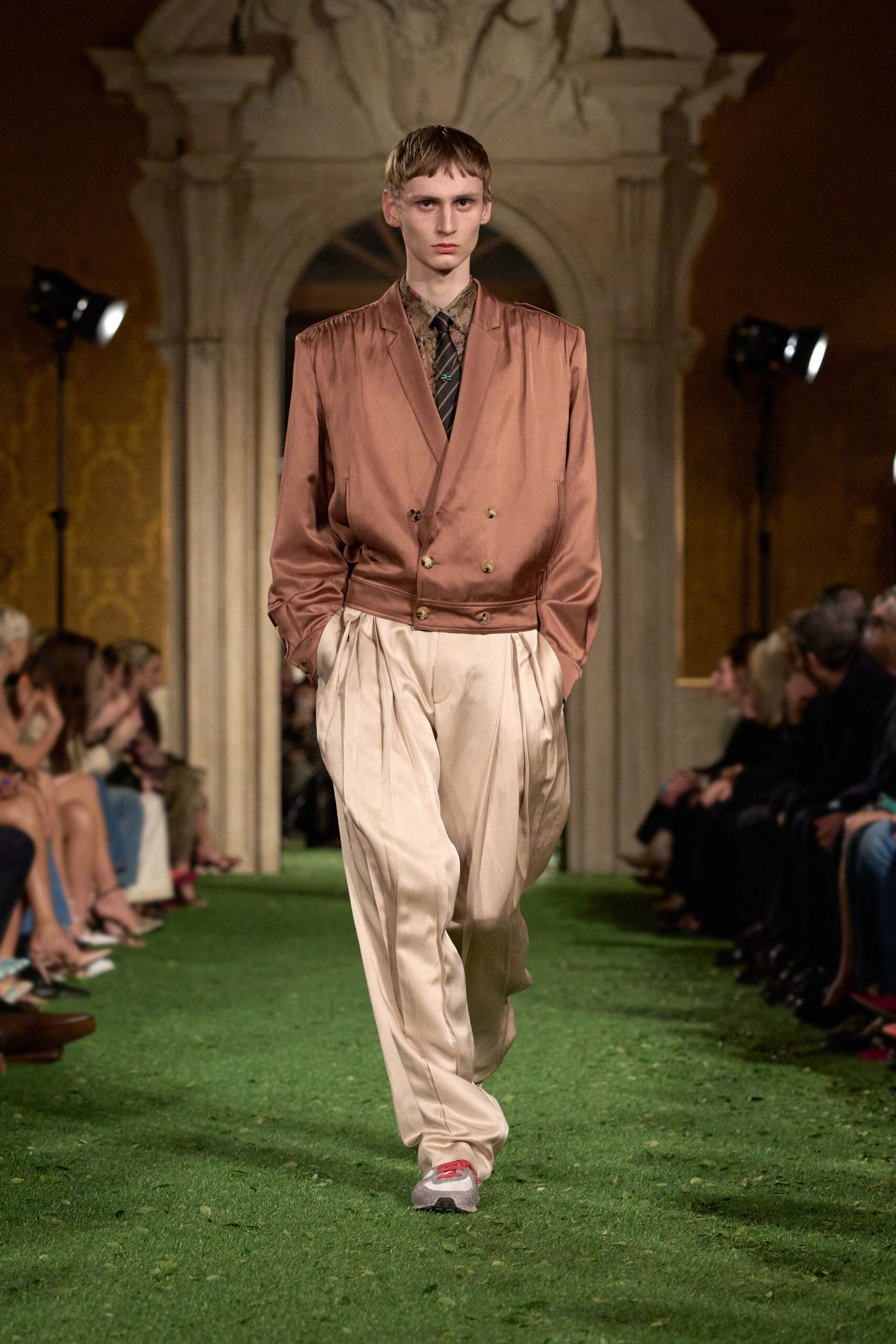 brown silk long-sleeve collared relaxed pleated jacket