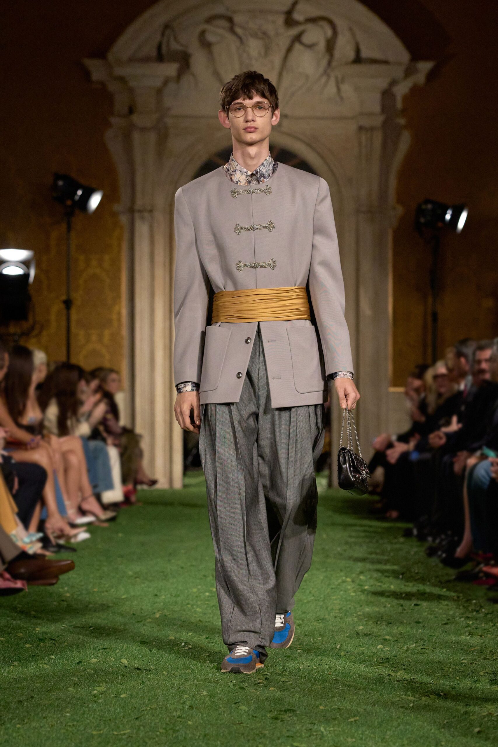 gray relaxed jacket with pleated pants