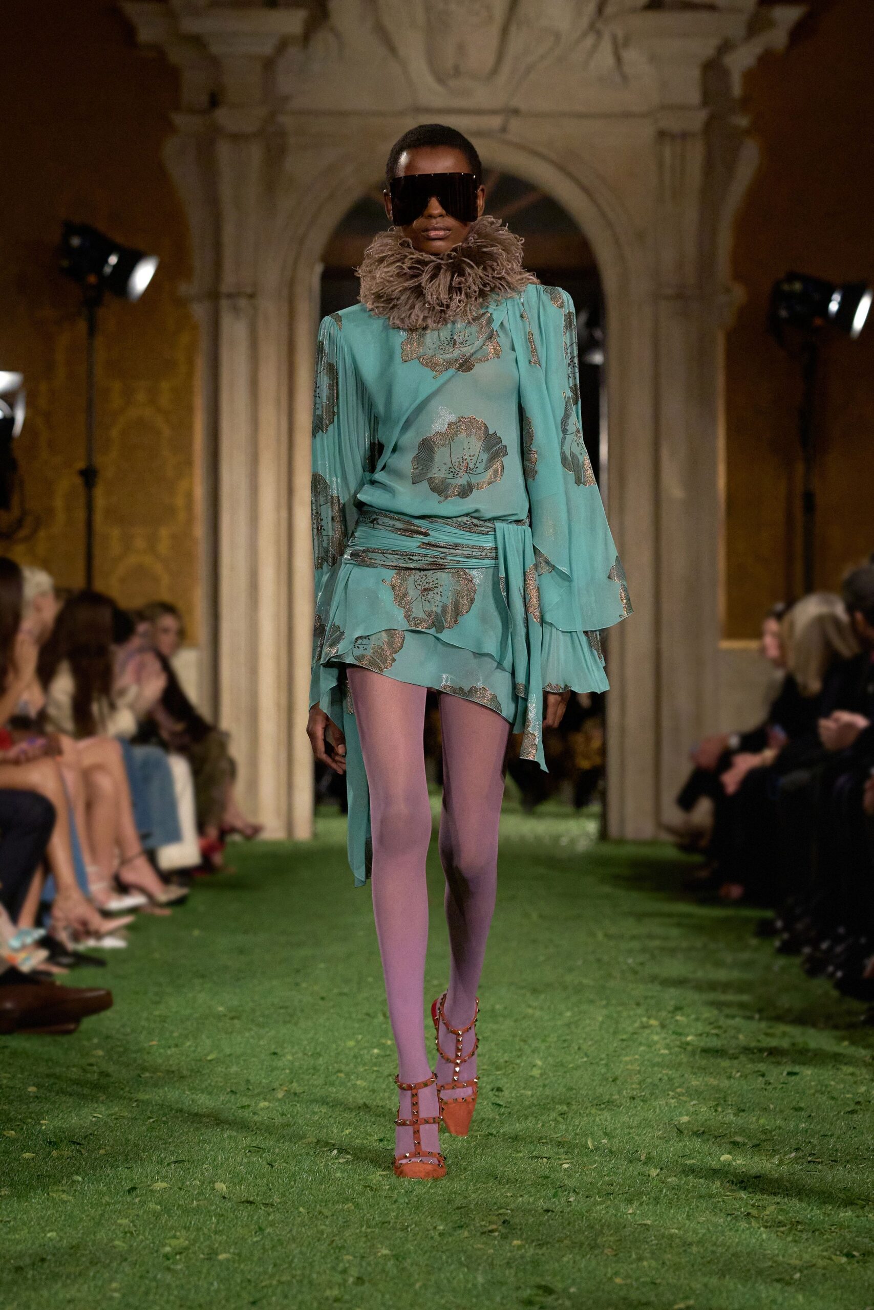 teal silk long-sleeve v-neck fitted floral mini dress