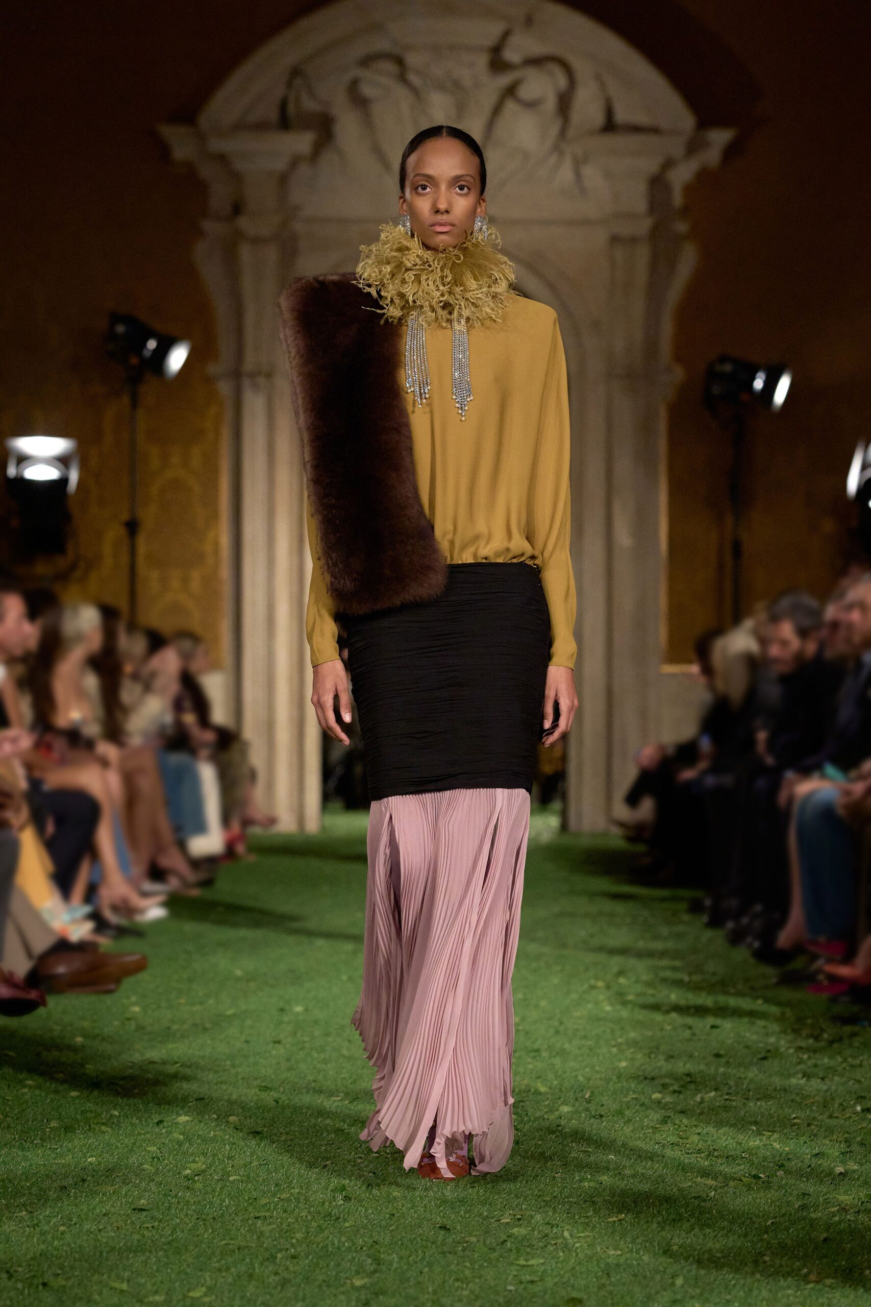 mustard silk blouse with ruffled scarf