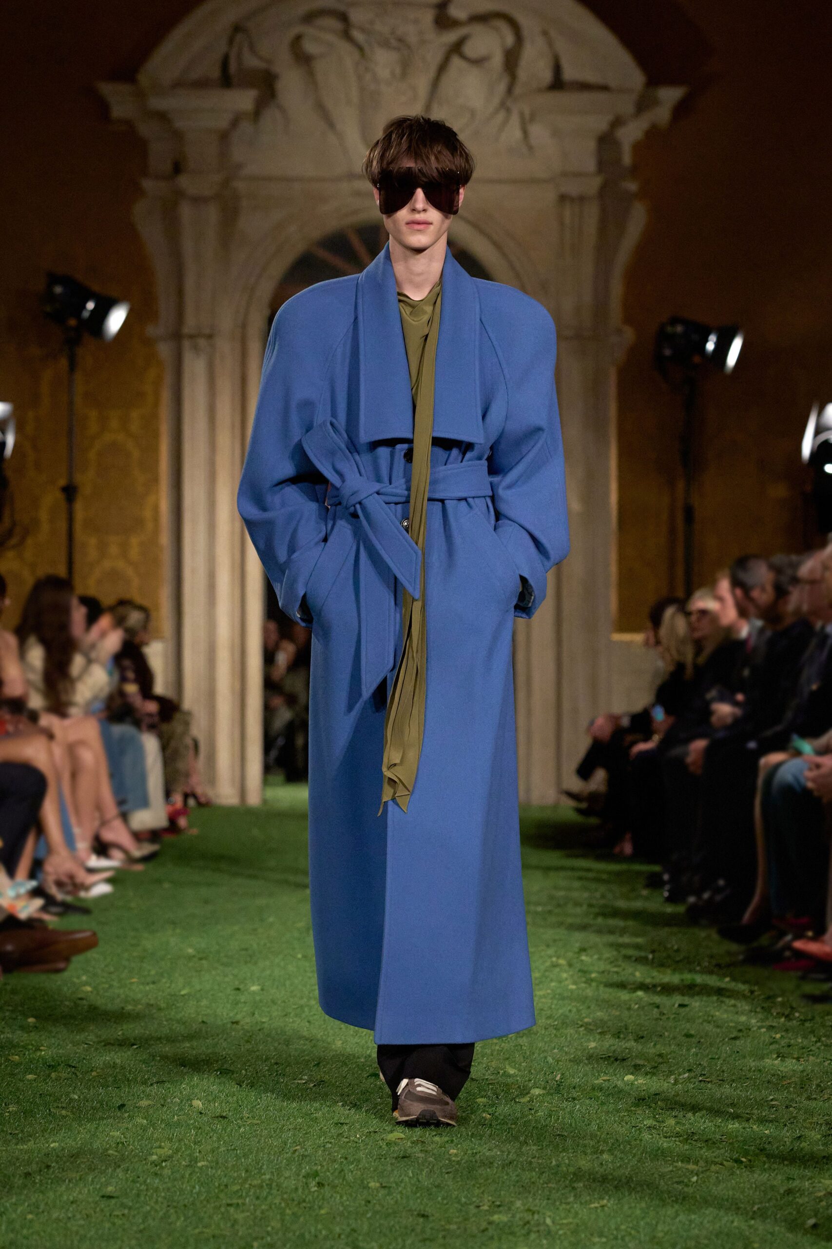 blue oversized coat with green shirt