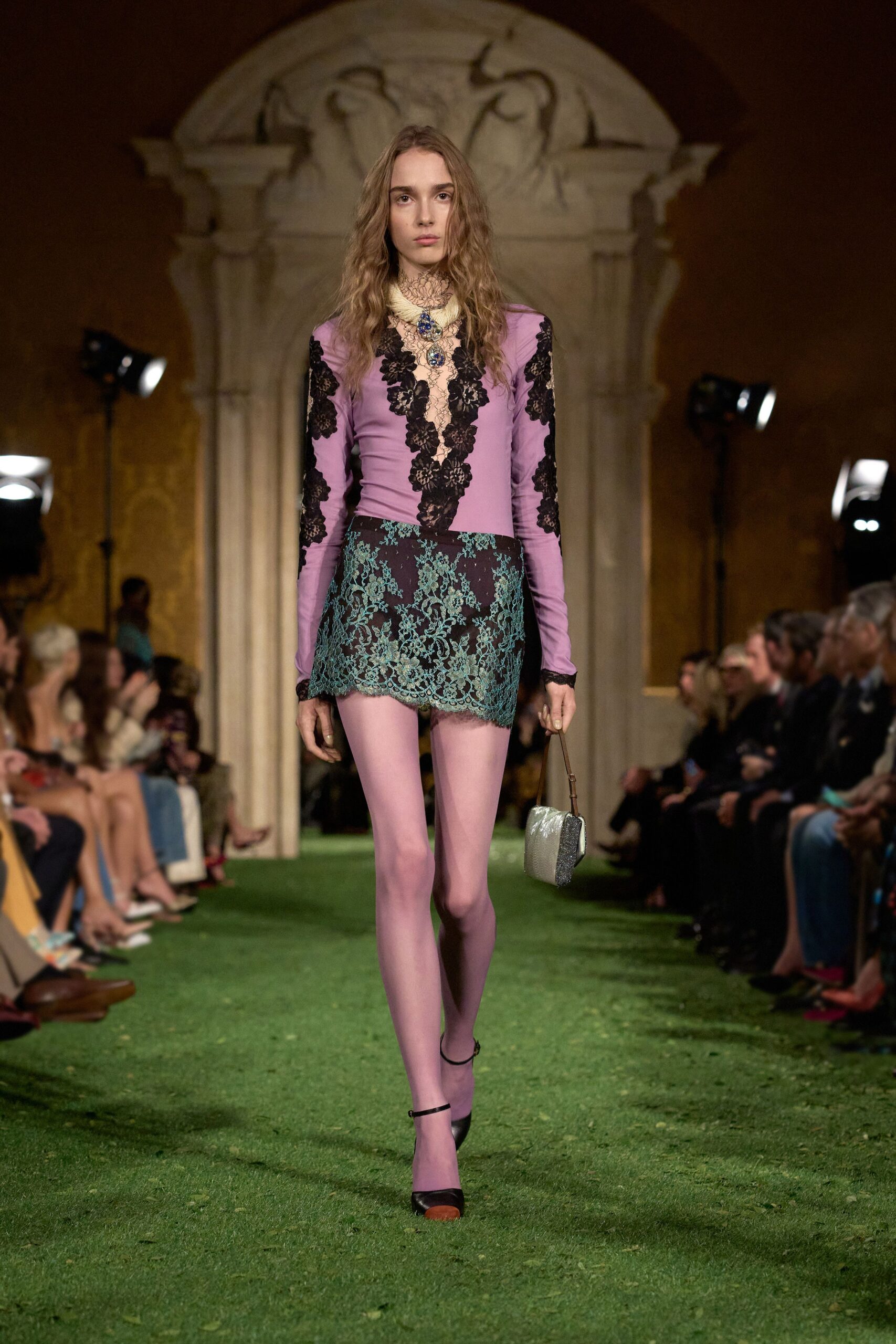 purple embroidered top with mini skirt