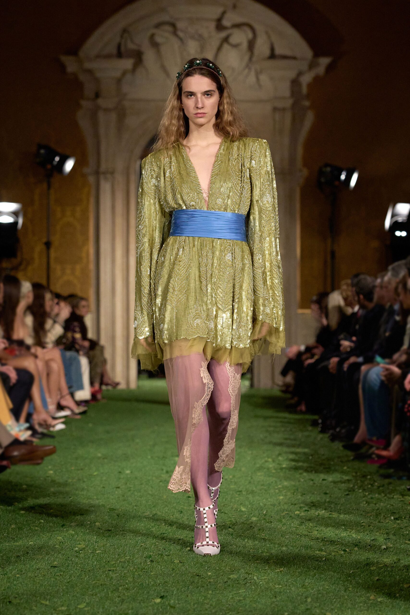 green silk long-sleeve v-neck fitted pleated layered dress