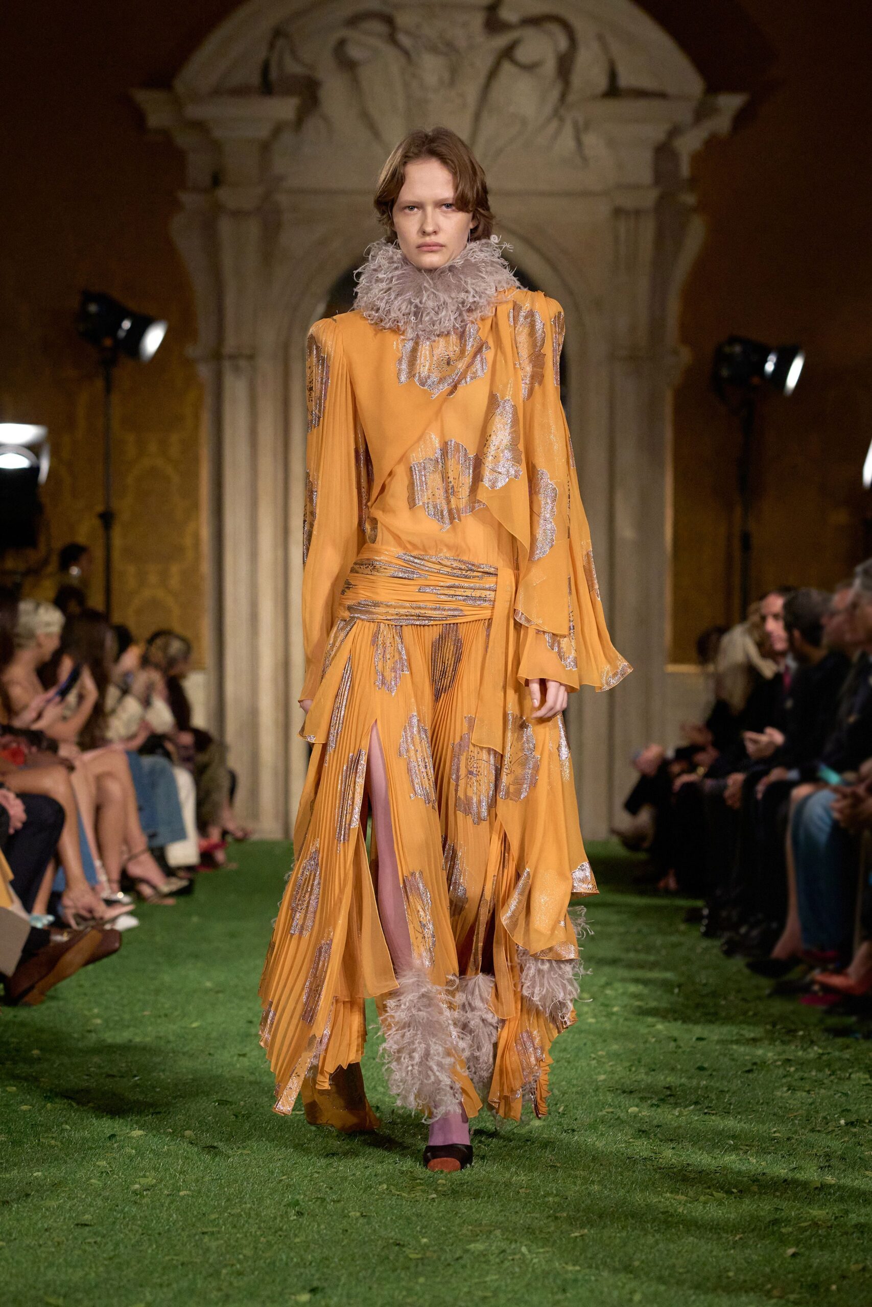 yellow silk long-sleeve v-neck fitted pleated embroidered dress