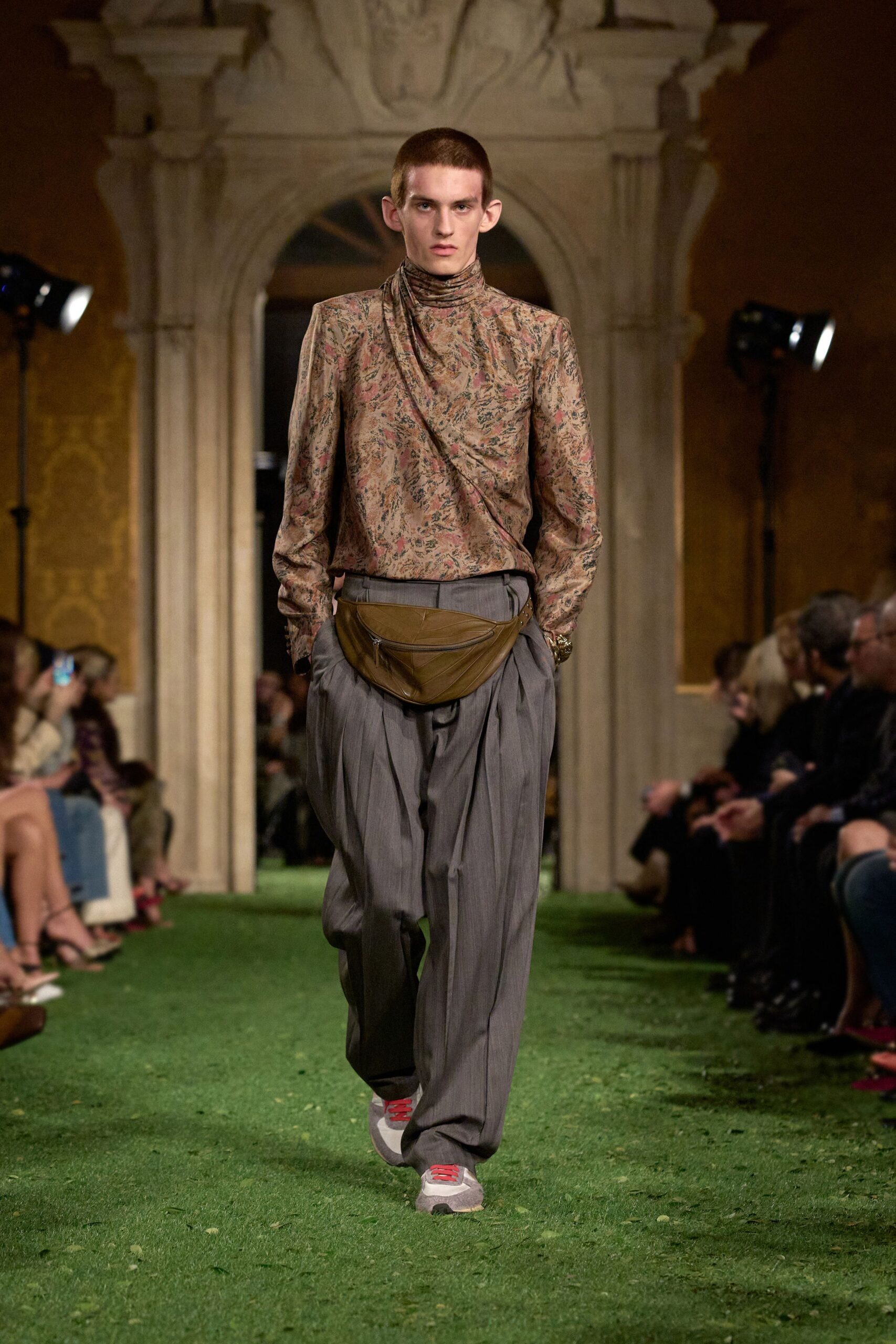 floral high-neck shirt with relaxed pants