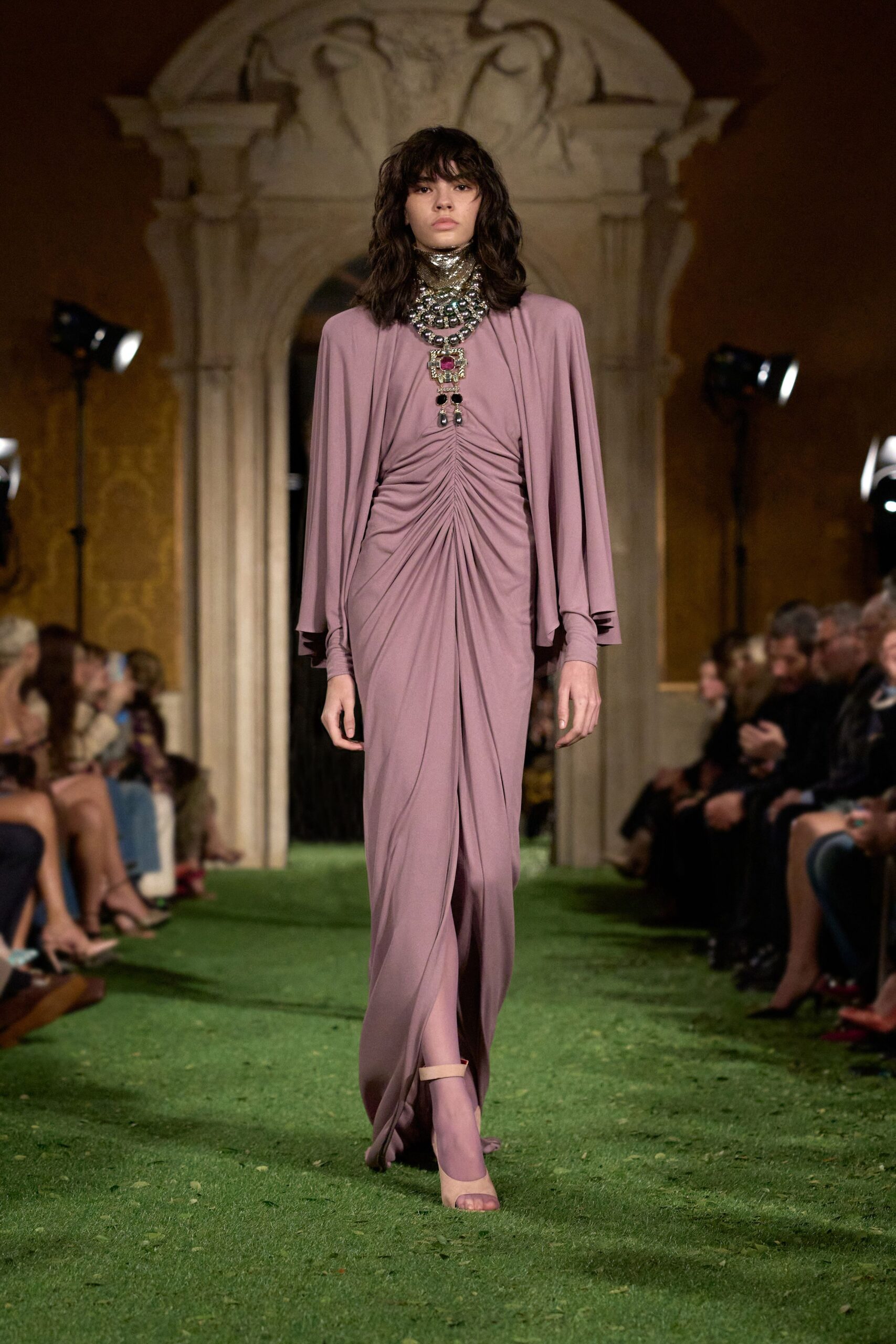 purple silk fitted gown