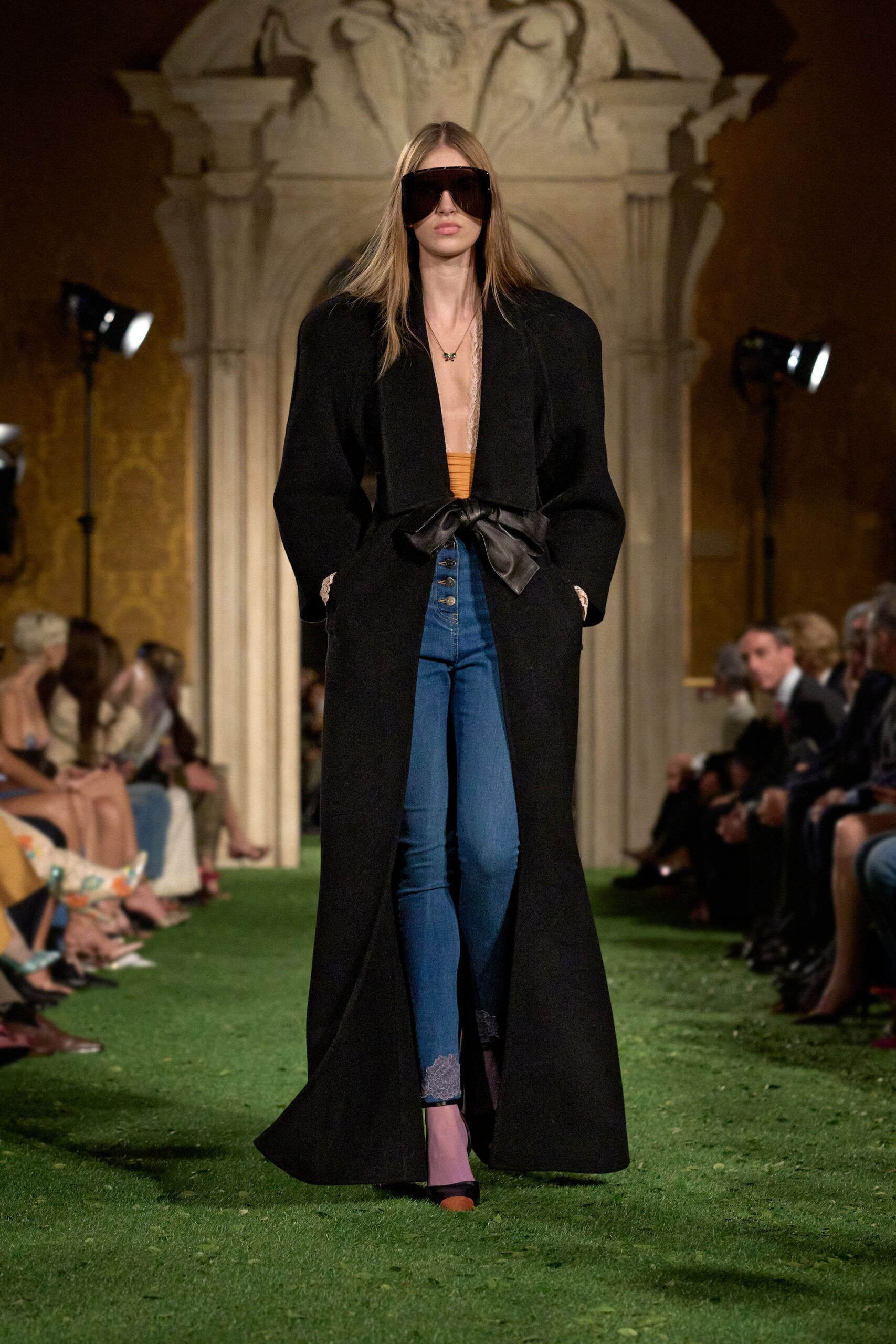 black wool belted coat with orange top