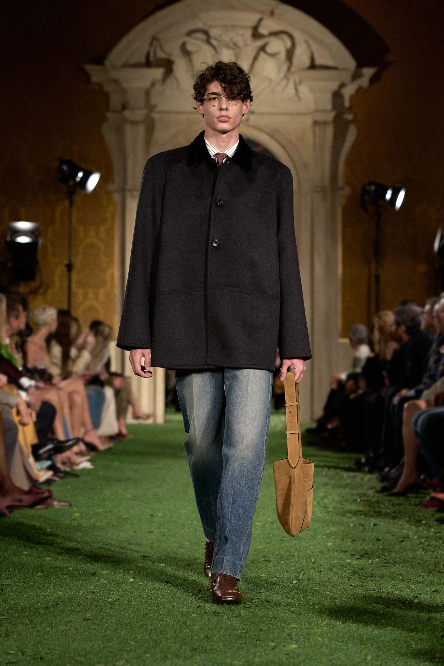 black wool coat with denim pants