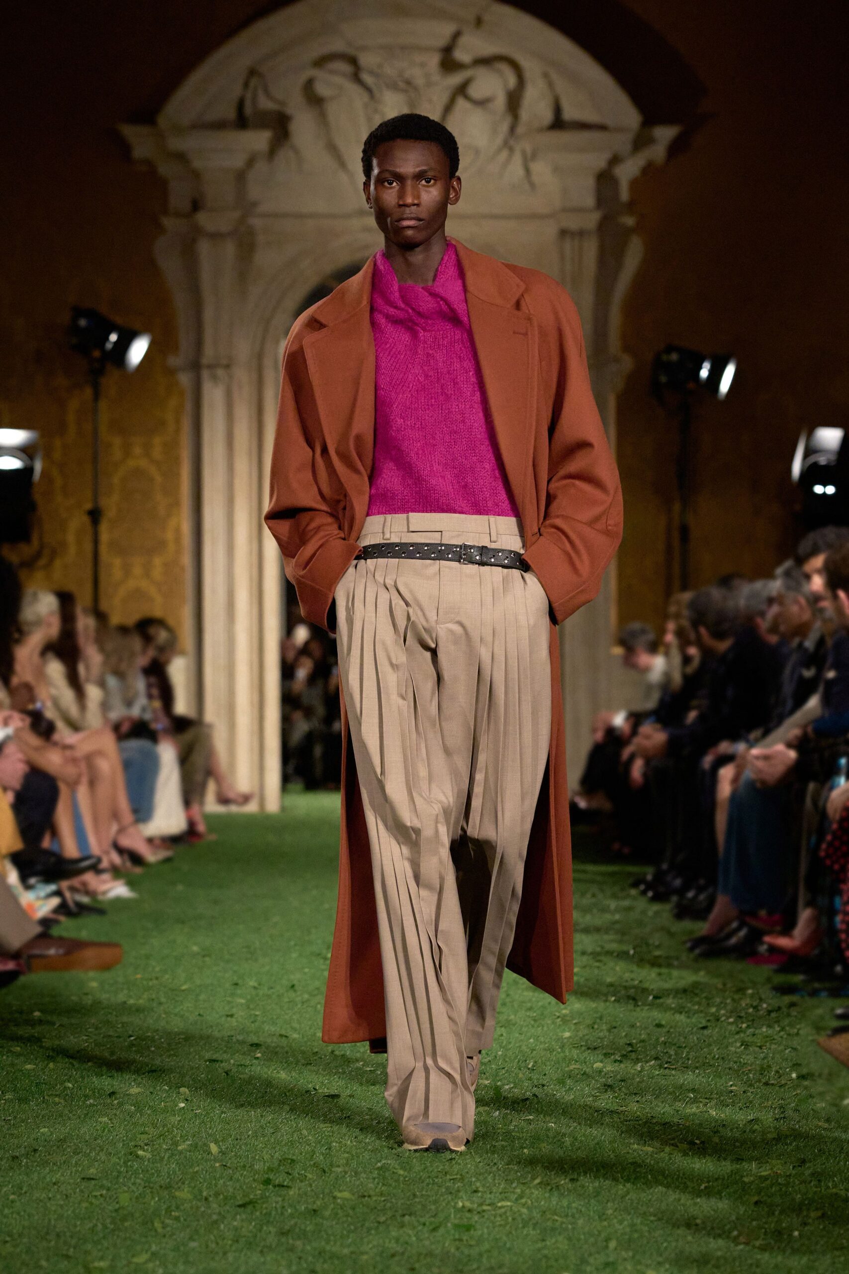 brown wool coat with pink shirt