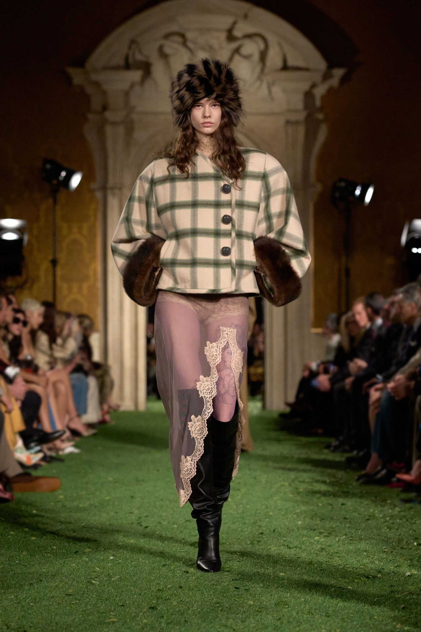 beige checked coat with pink skirt