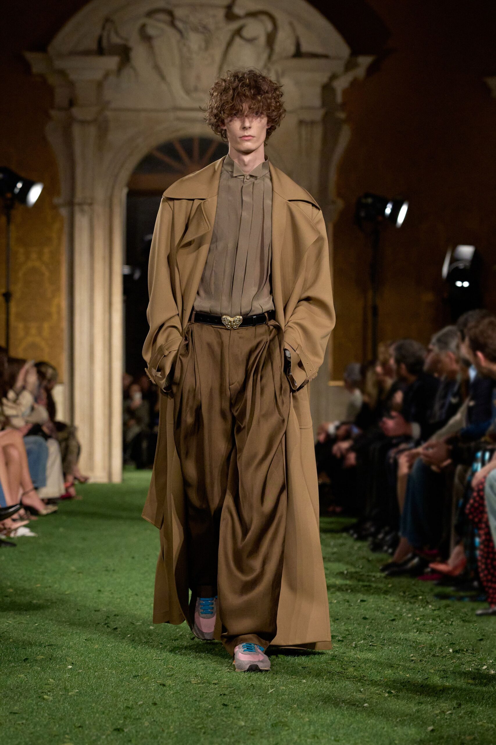 beige coat gray shirt brown pants