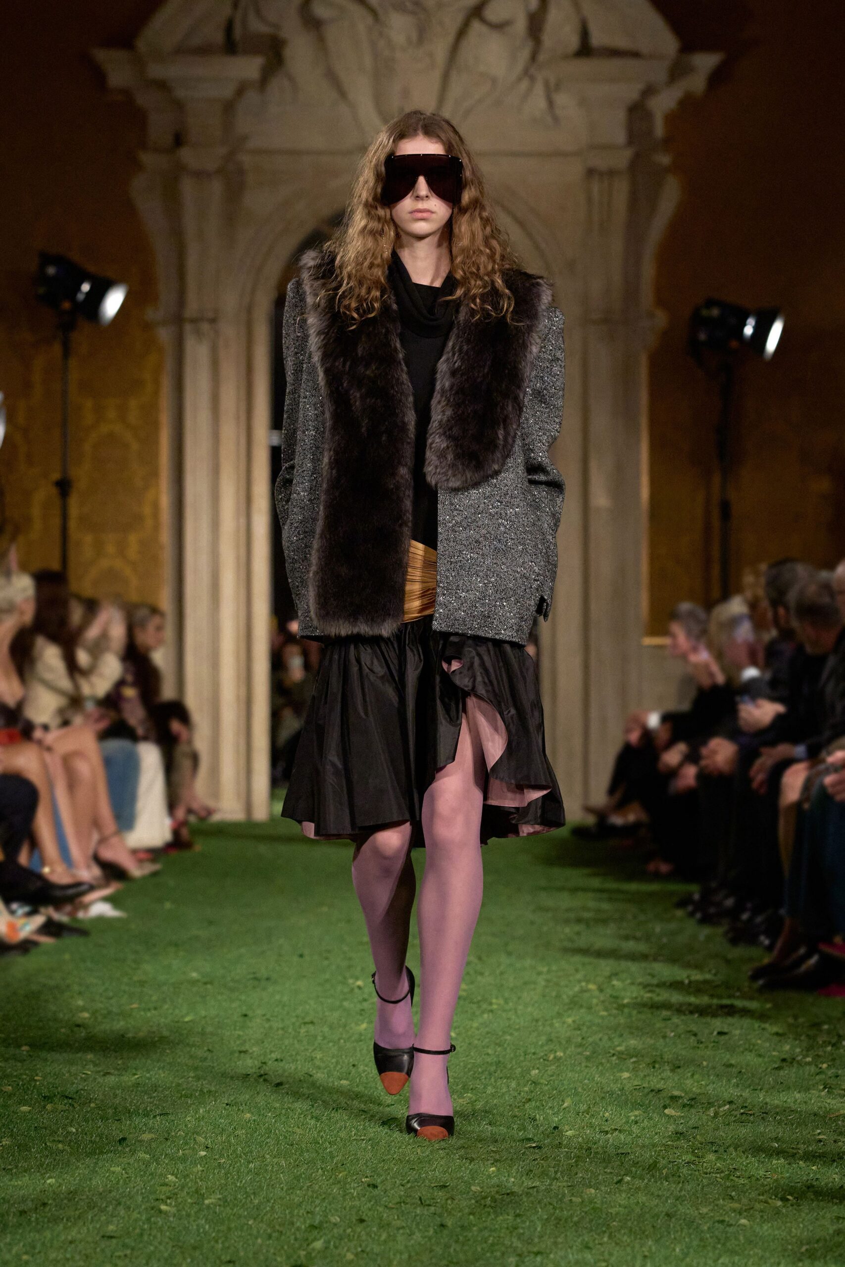 gray wool jacket black leather skirt