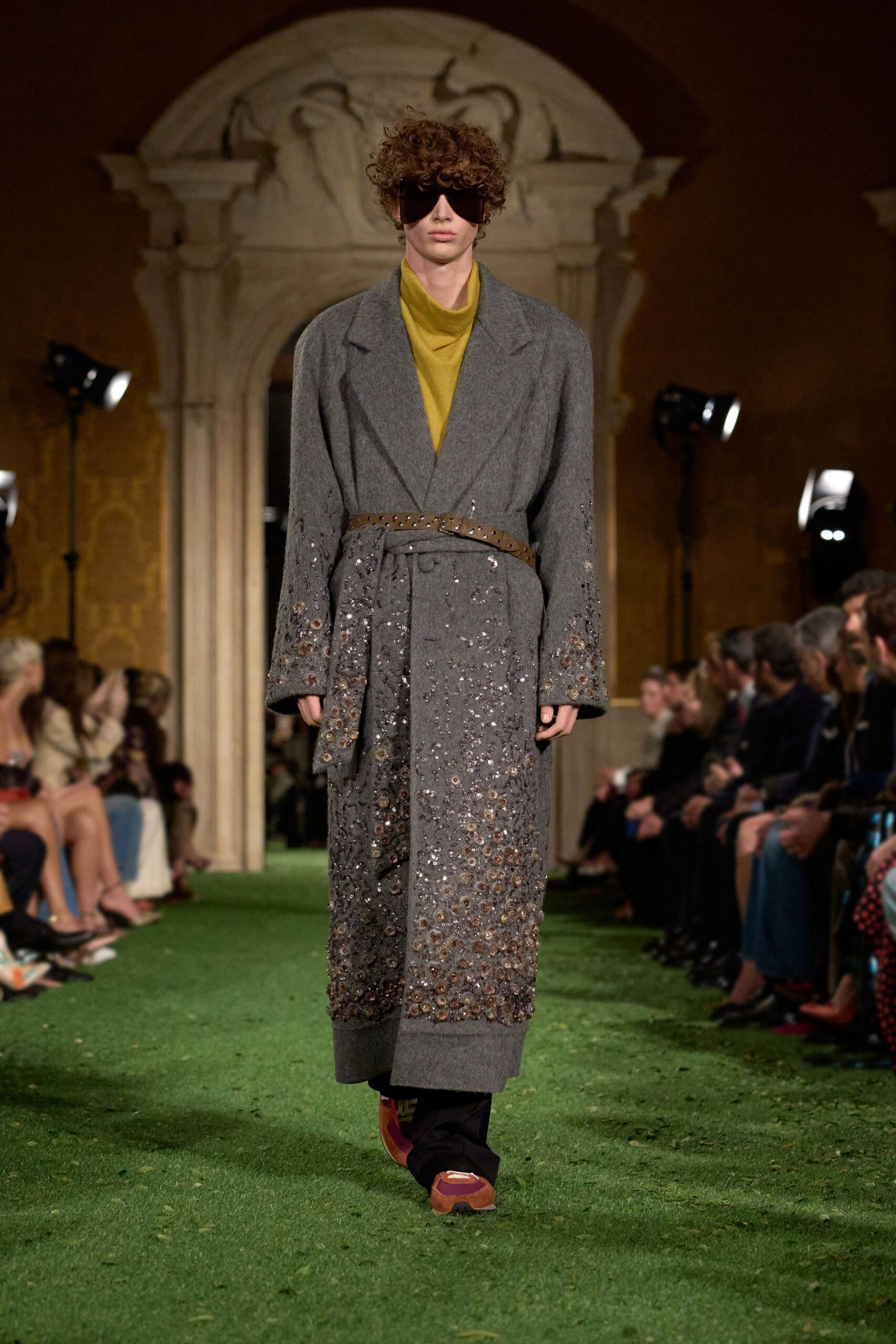 gray wool belted coat with yellow top