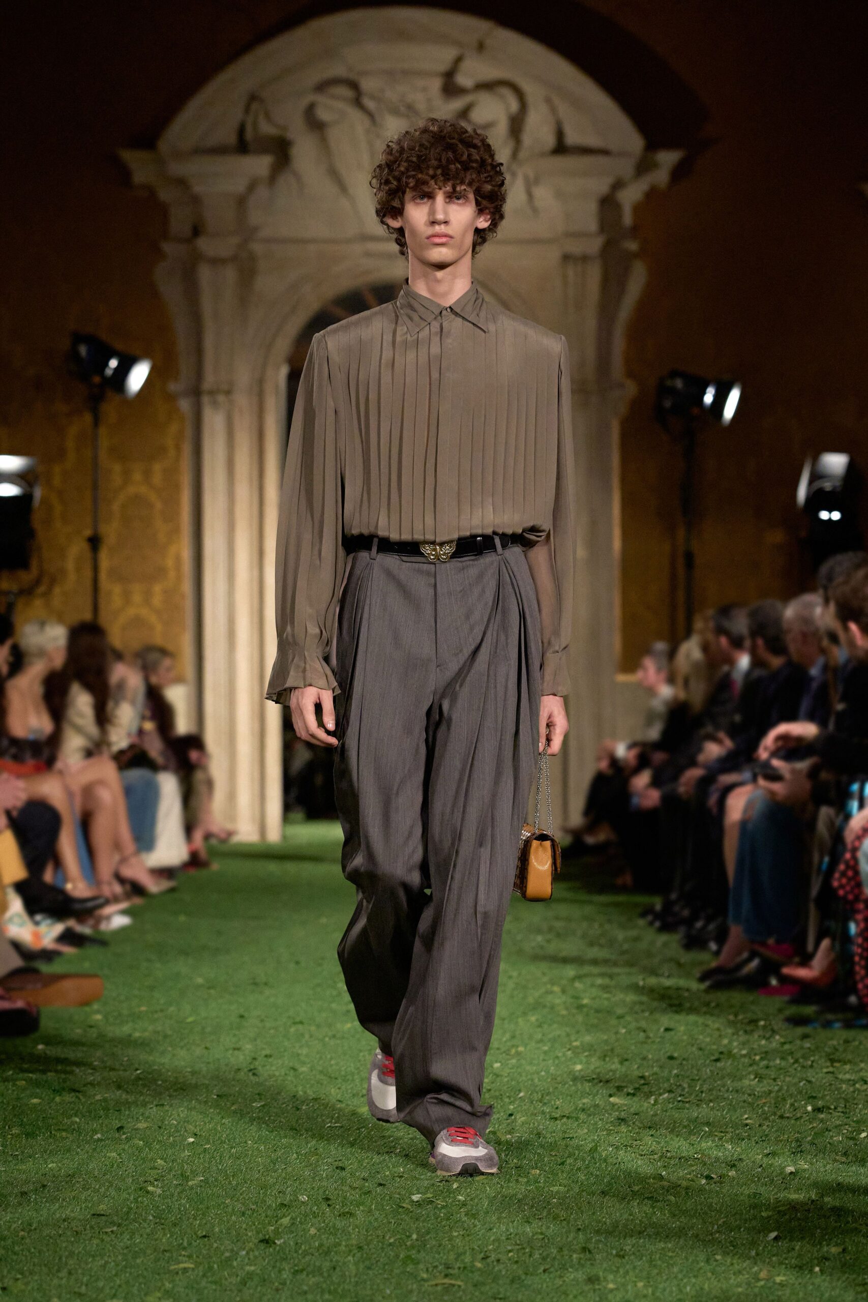 brown pleated shirt gray tailored pants