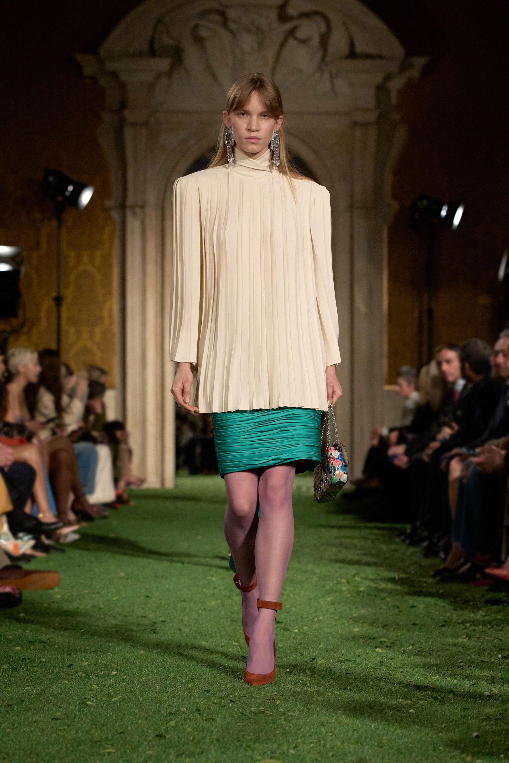 ivory pleated blouse green pencil skirt