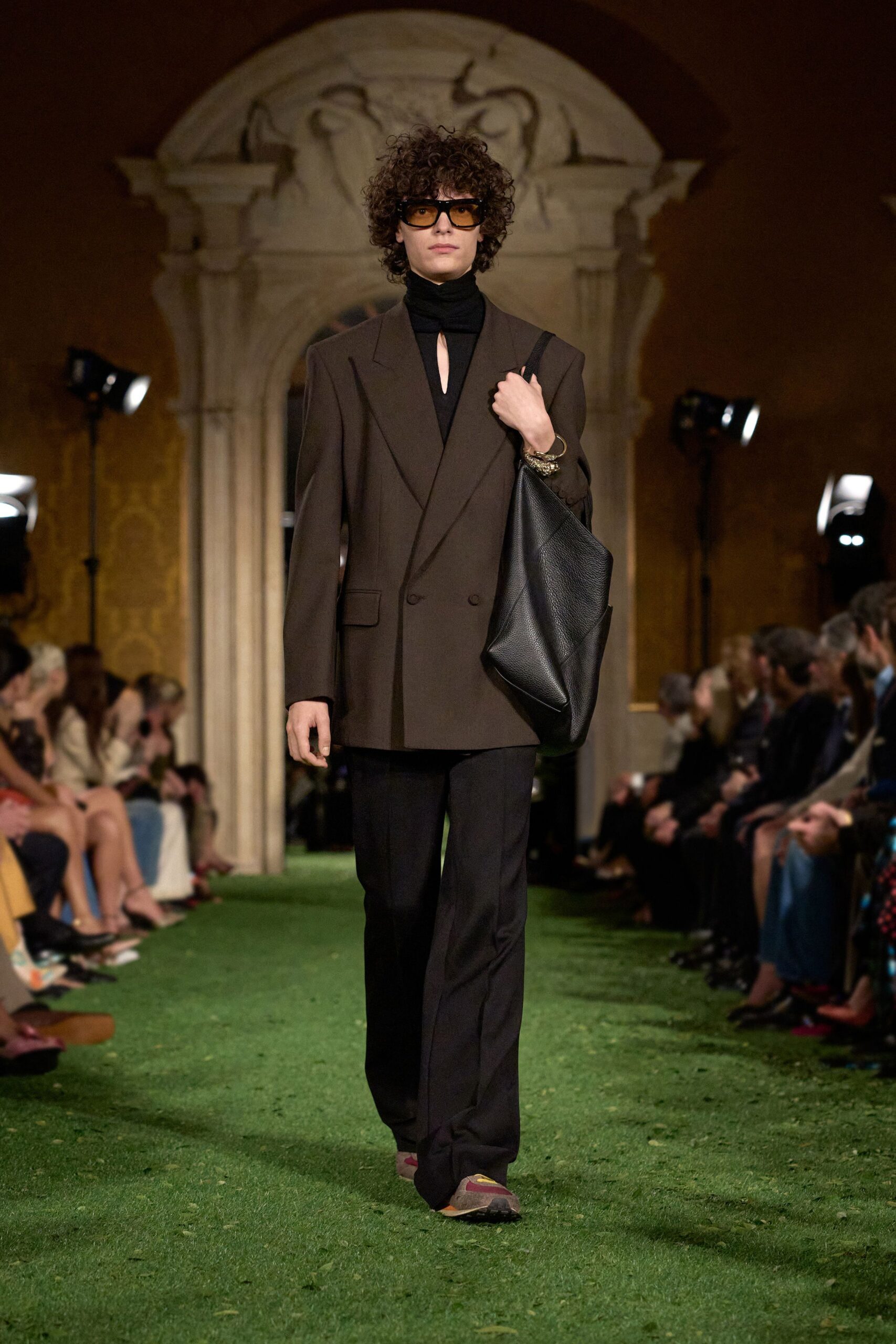 brown tailored blazer with black top