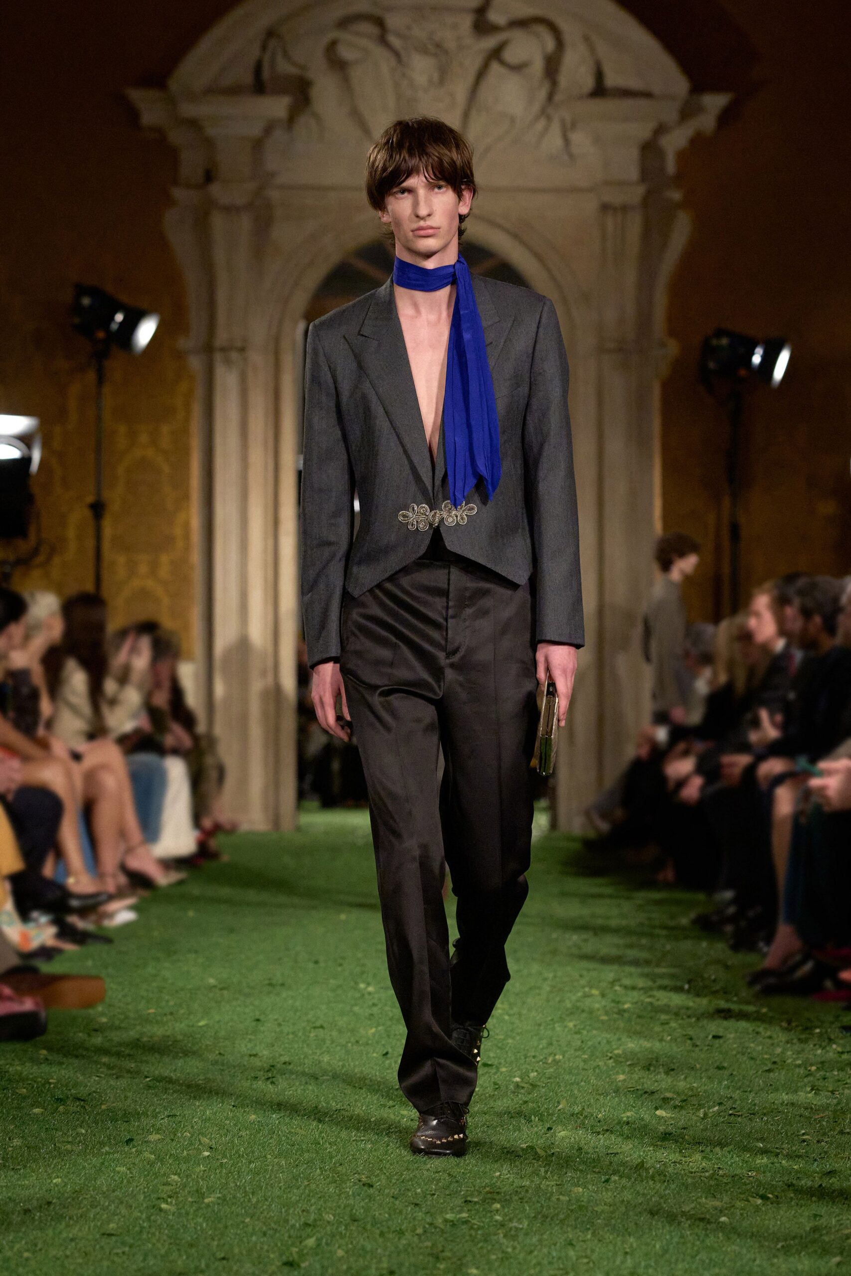 gray tailored blazer with blue scarf