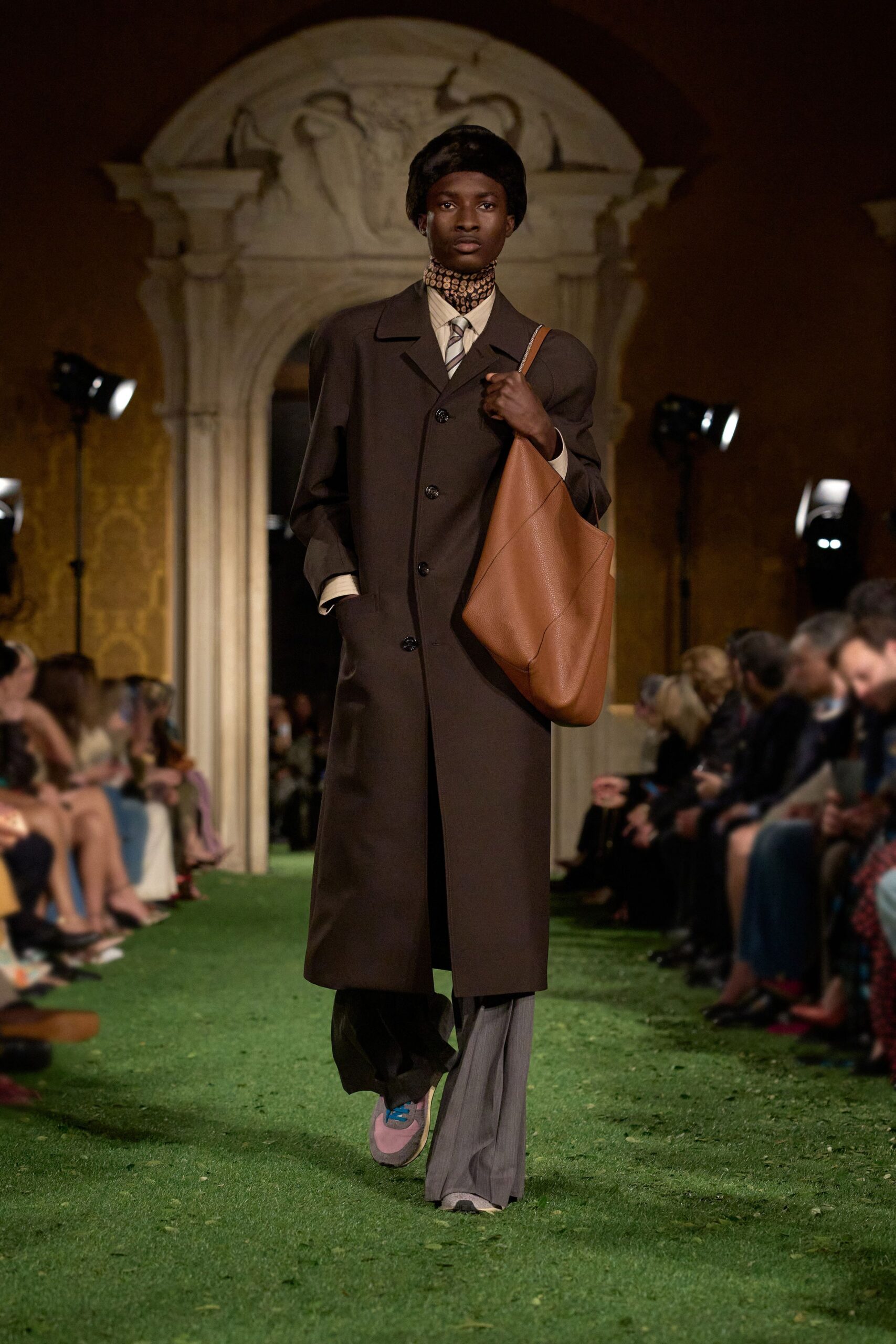 brown wool coat with gray pants