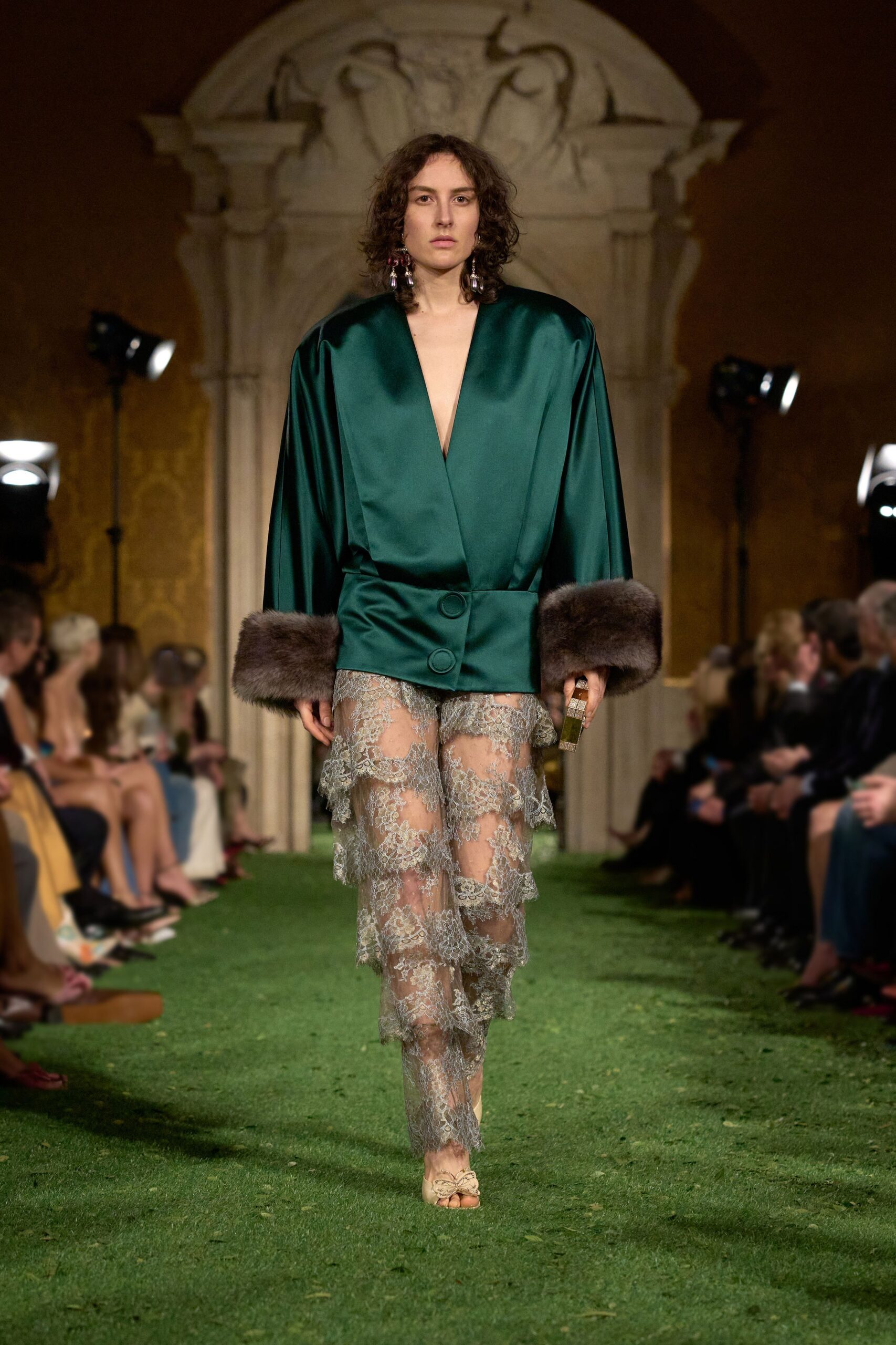 green silk long-sleeve v-neck relaxed layered jacket