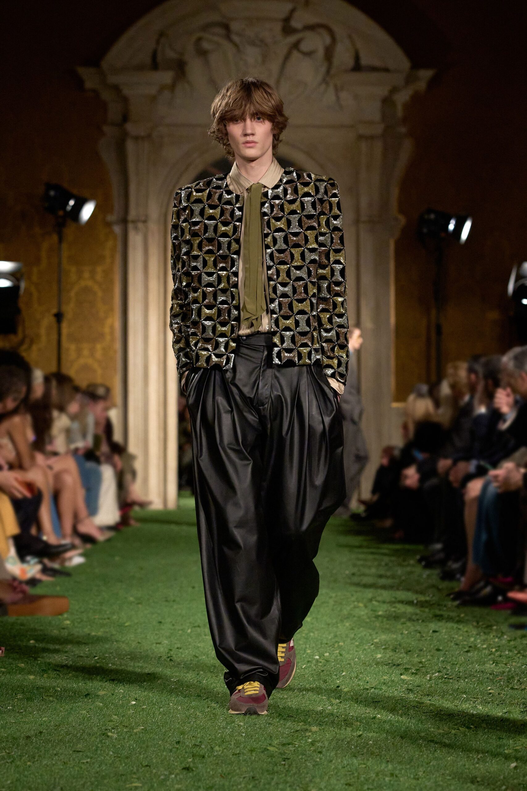 relaxed black printed jacket with green shirt