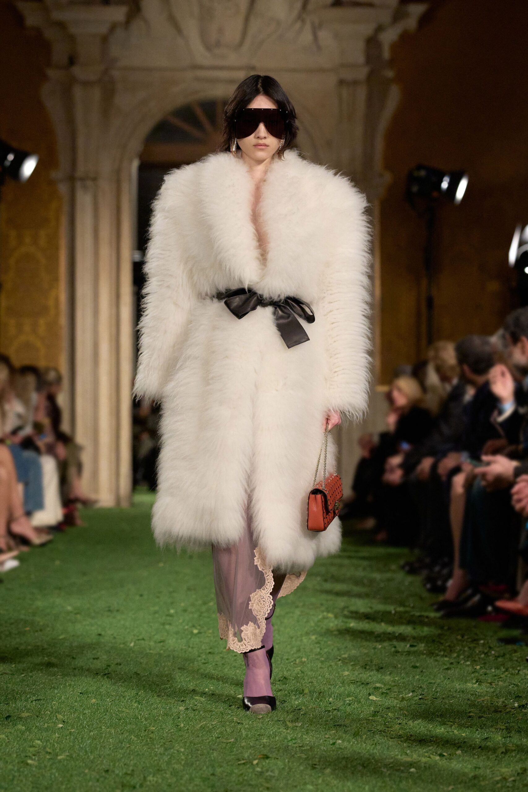 white fur belted coat