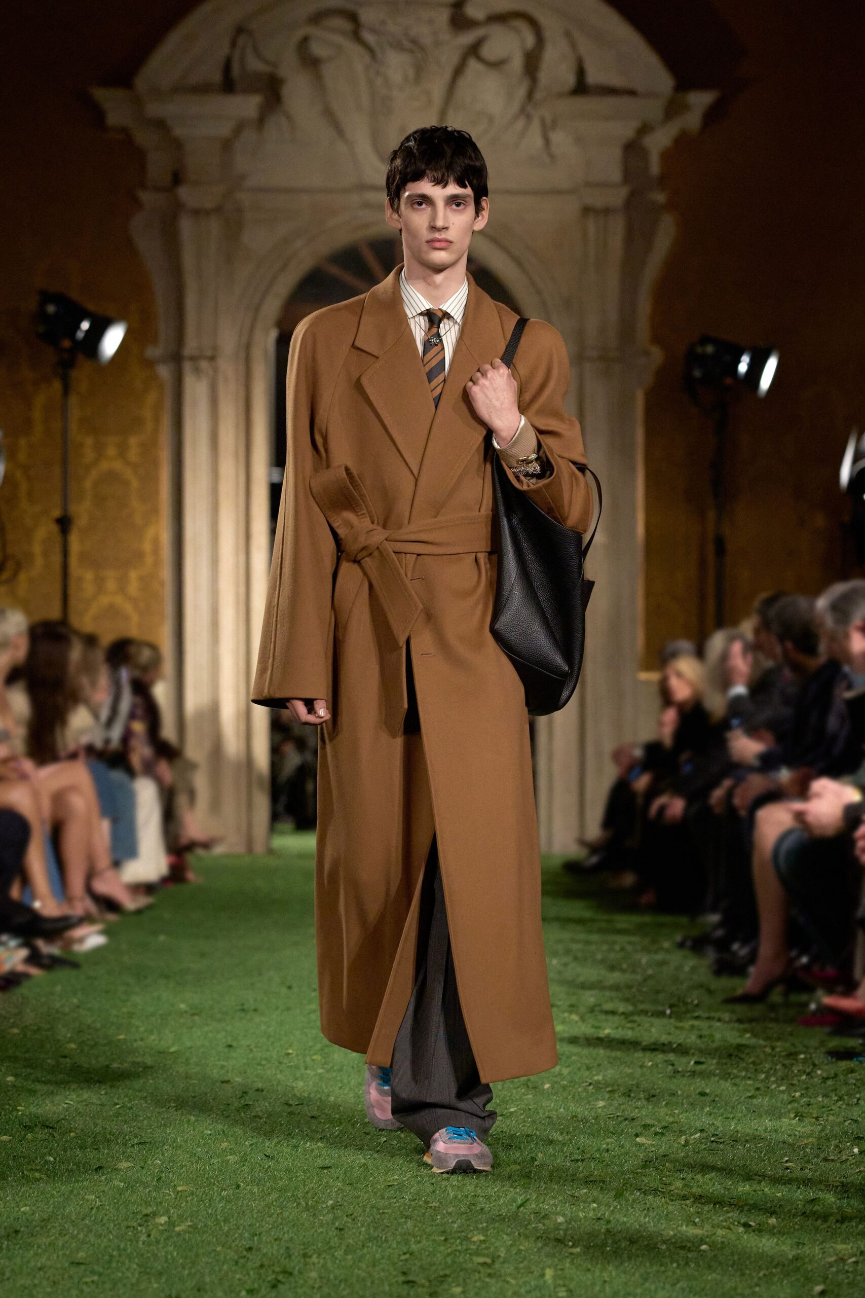 brown wool coat with gray pants