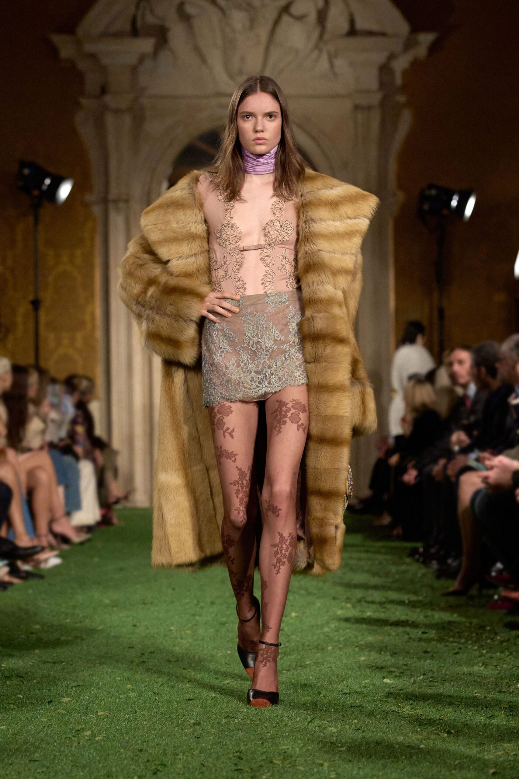 brown fur coat with lace top and skirt