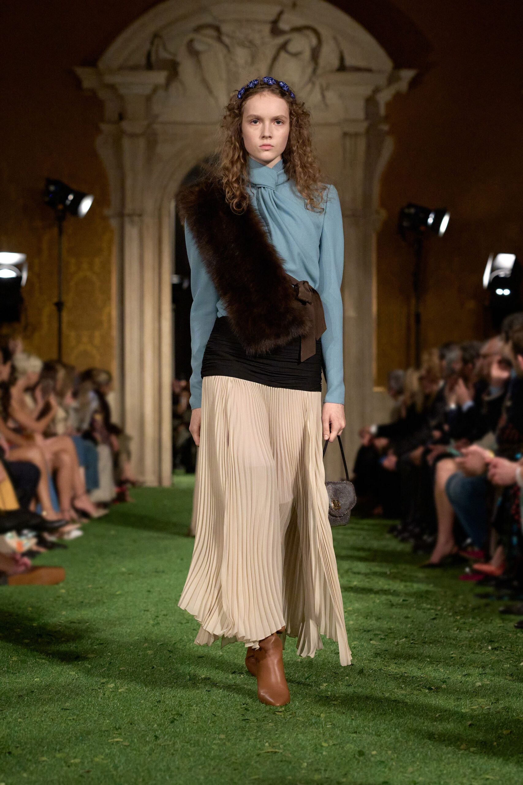 blue silk top beige pleated skirt