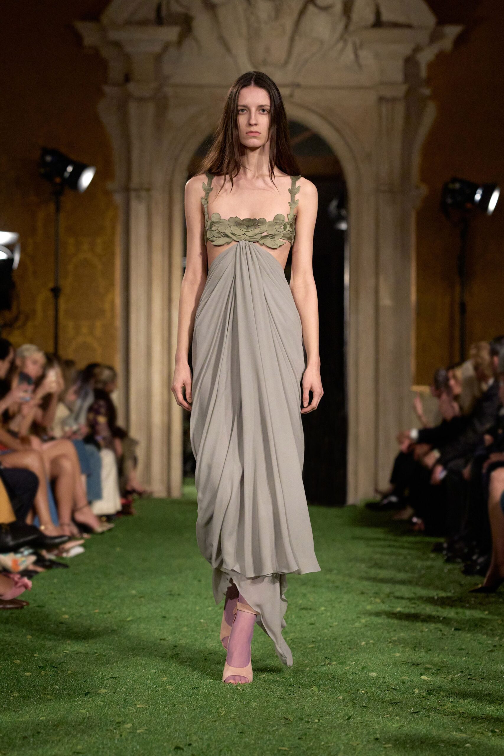 gray silk sleeveless v-neck fitted draped flowing gown