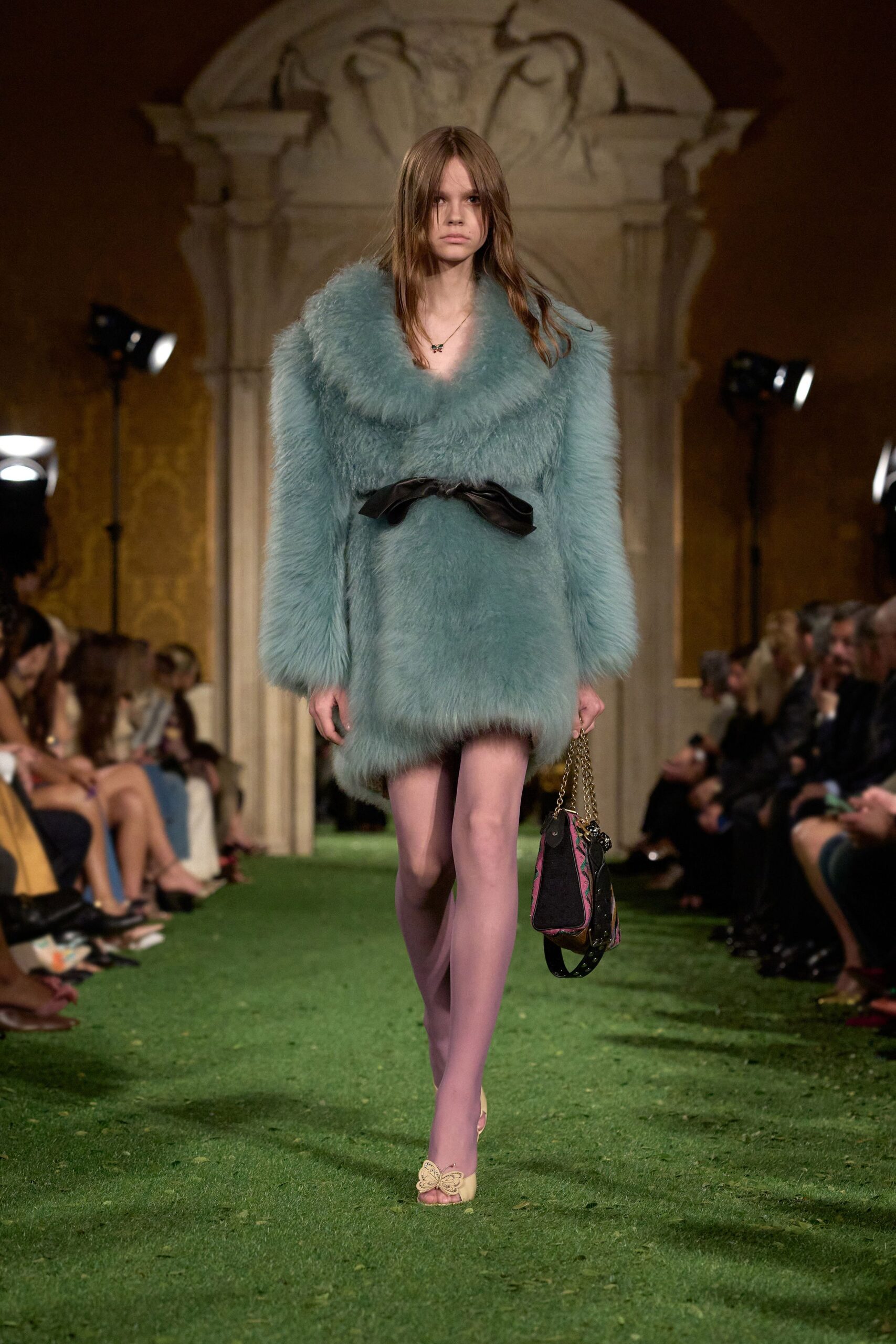 teal faux-fur long-sleeve fitted belted short coat
