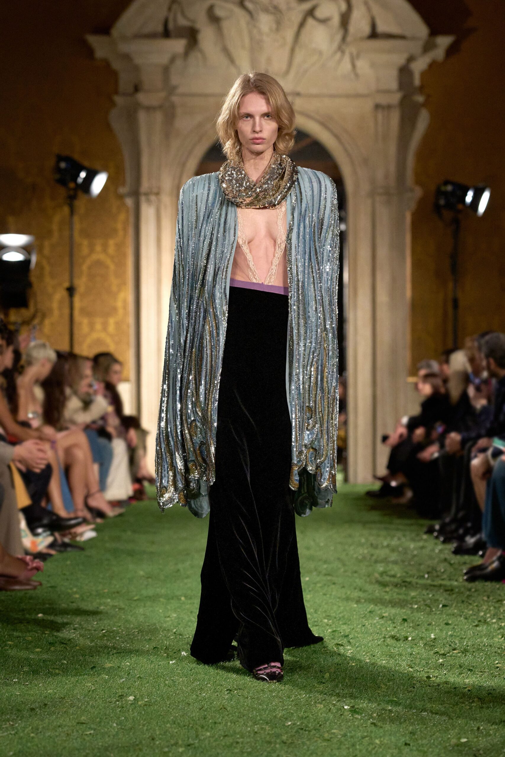 blue sequined gown with velvet pants
