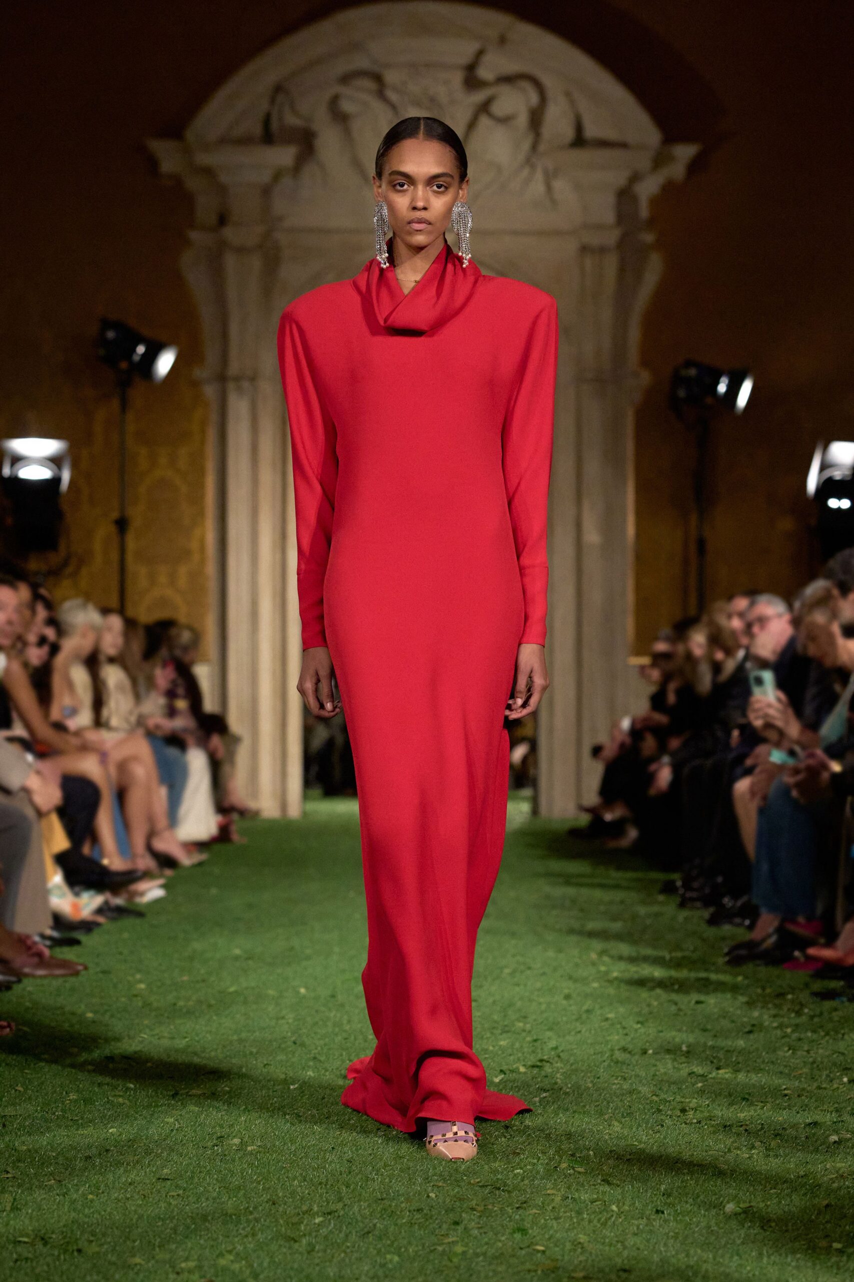 red silk long-sleeve gown