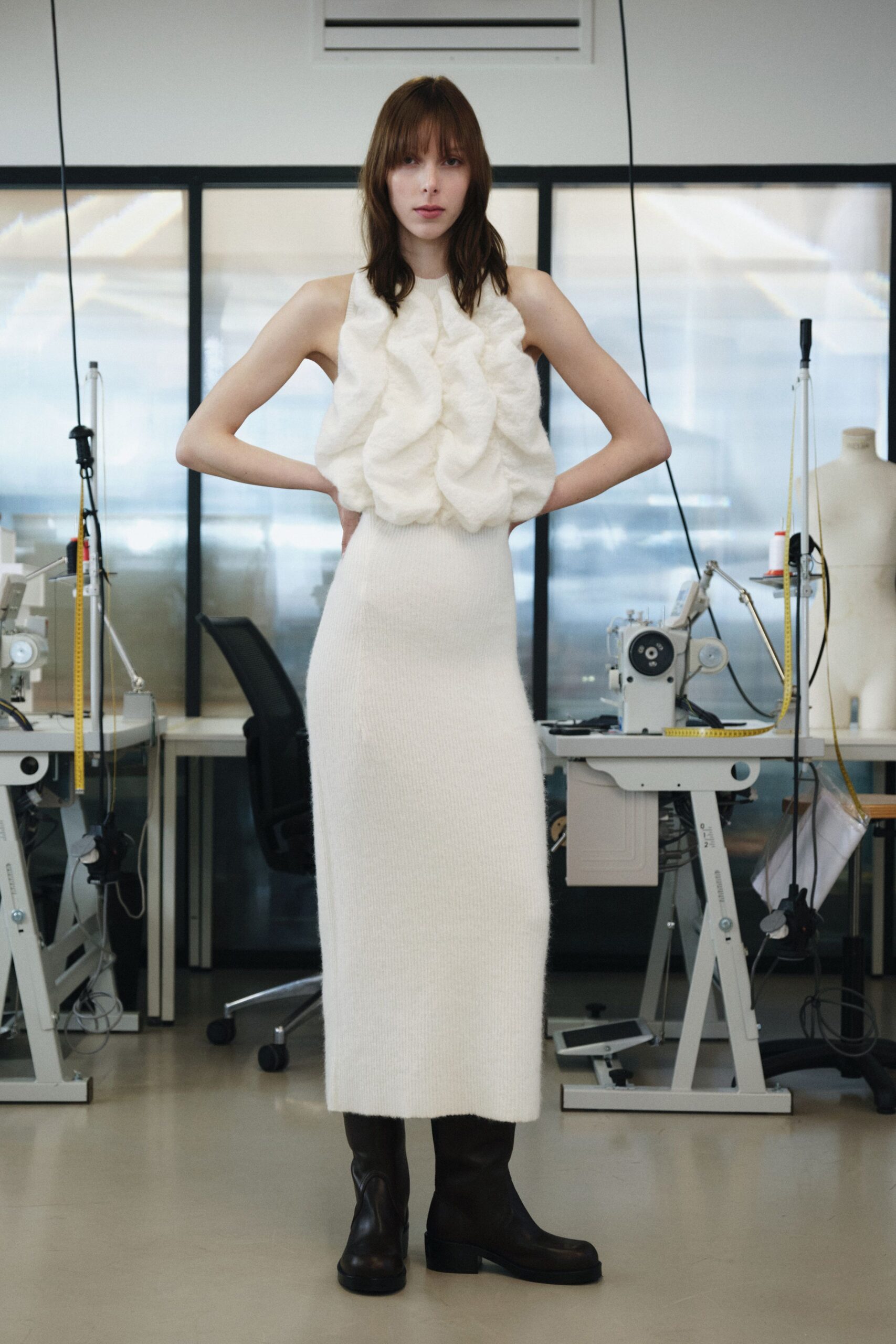 white wool sleeveless high-neck fitted ruffled midi dress