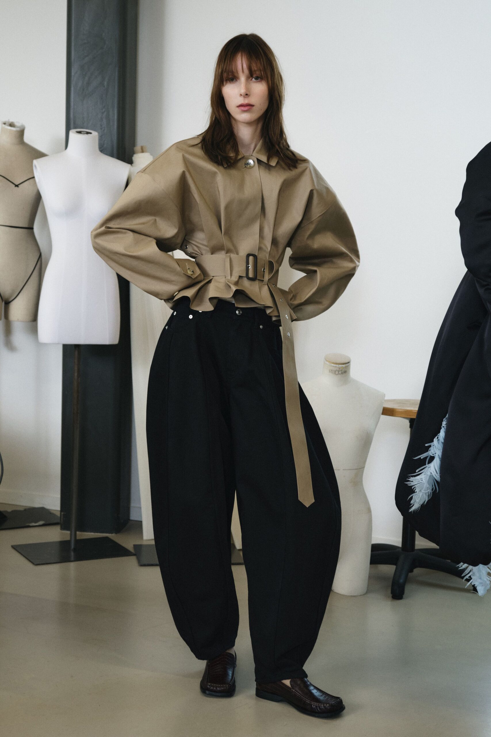 beige leather long-sleeve collared relaxed belted jacket