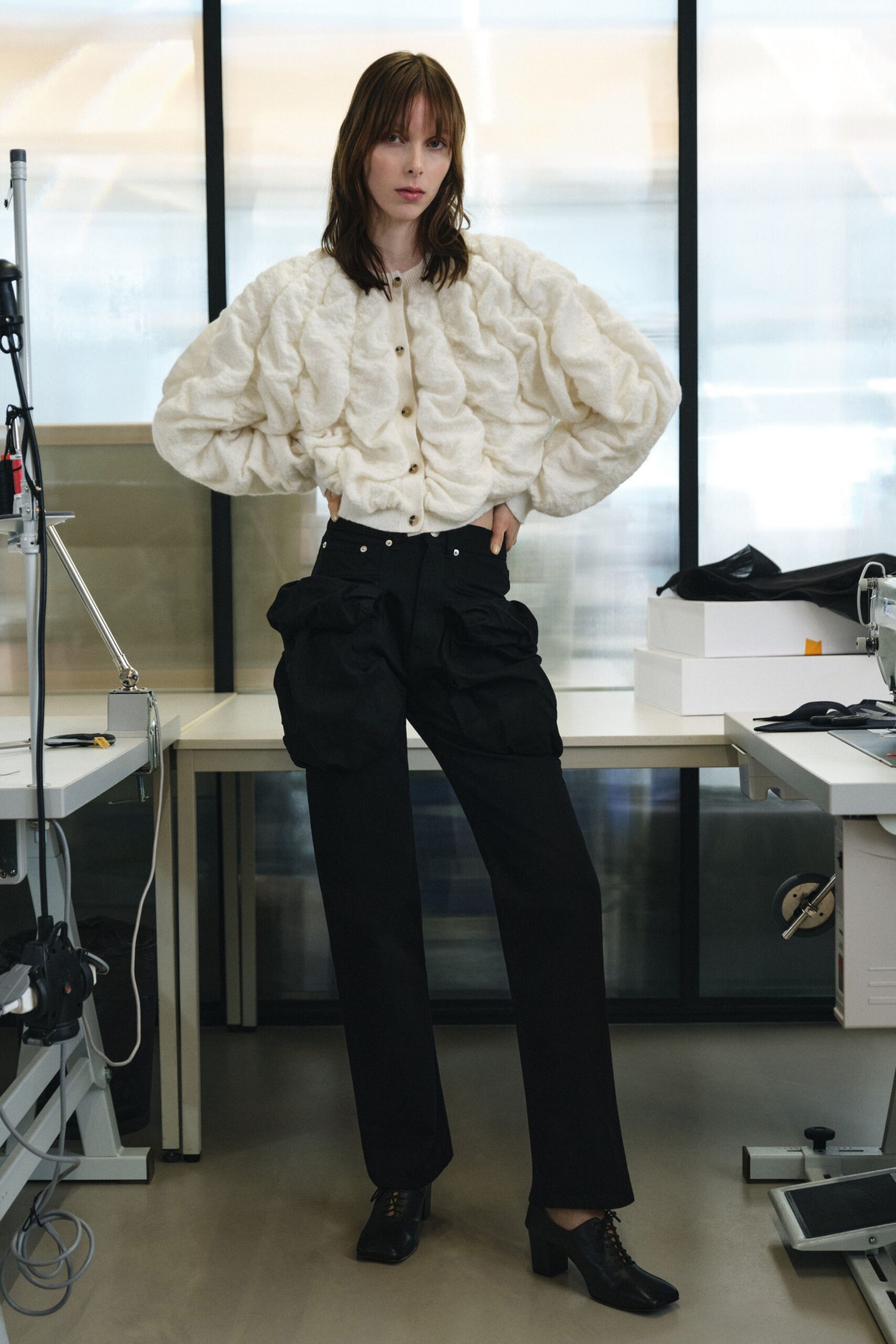 white cotton long-sleeve collared relaxed ruffled cardigan