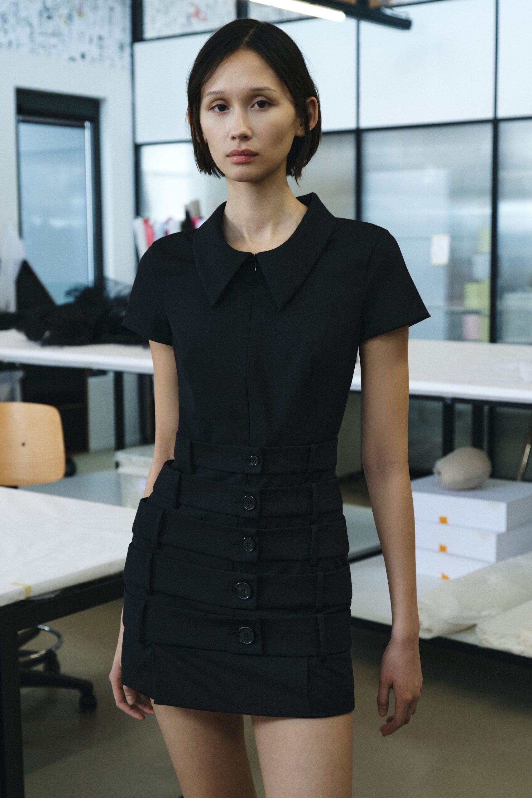 black fitted collared mini dress