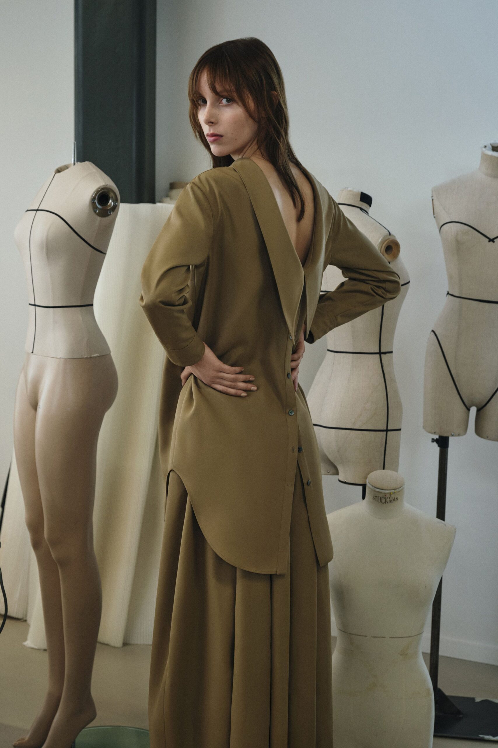 brown silk relaxed backless dress