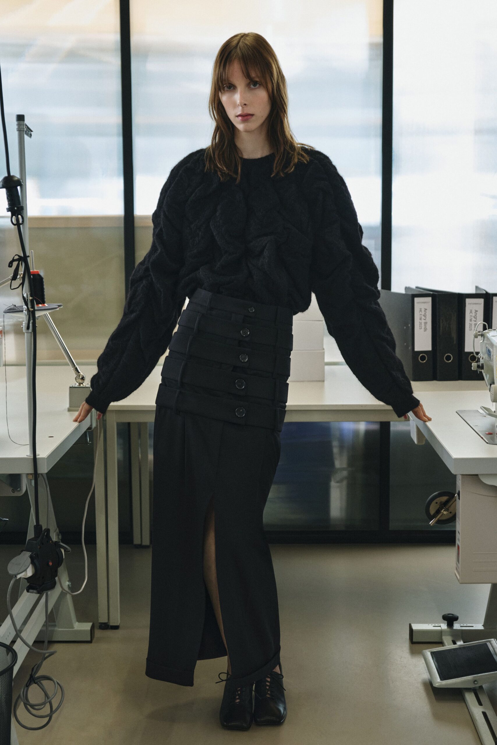 black cotton slit fitted high-waisted pencil buttoned skirt