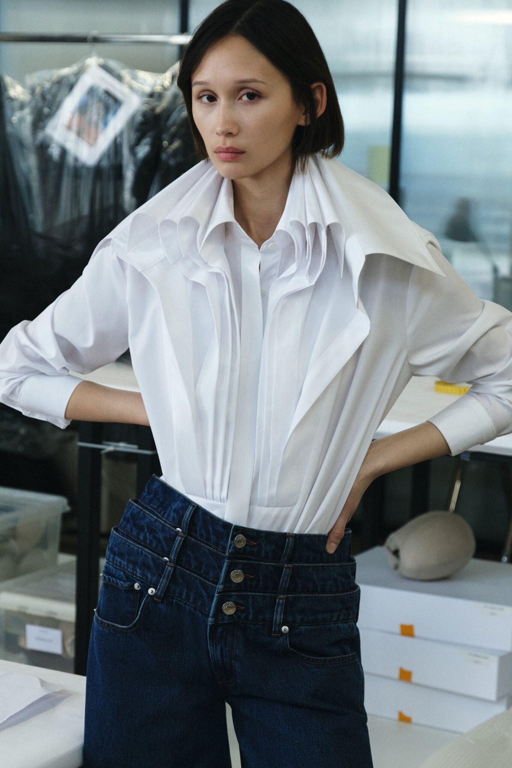 blue denim fitted buttoned pants