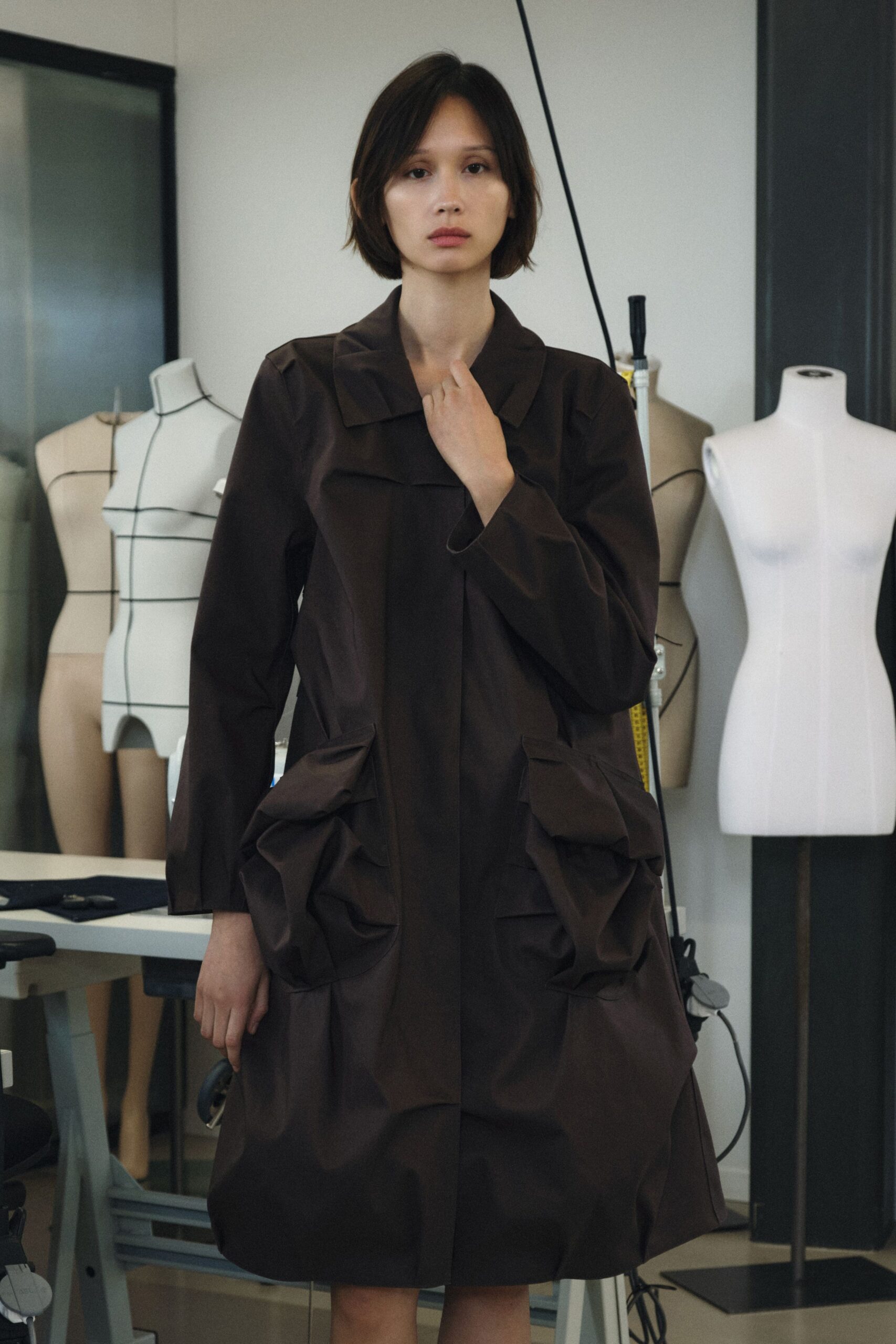 brown relaxed pleated coat